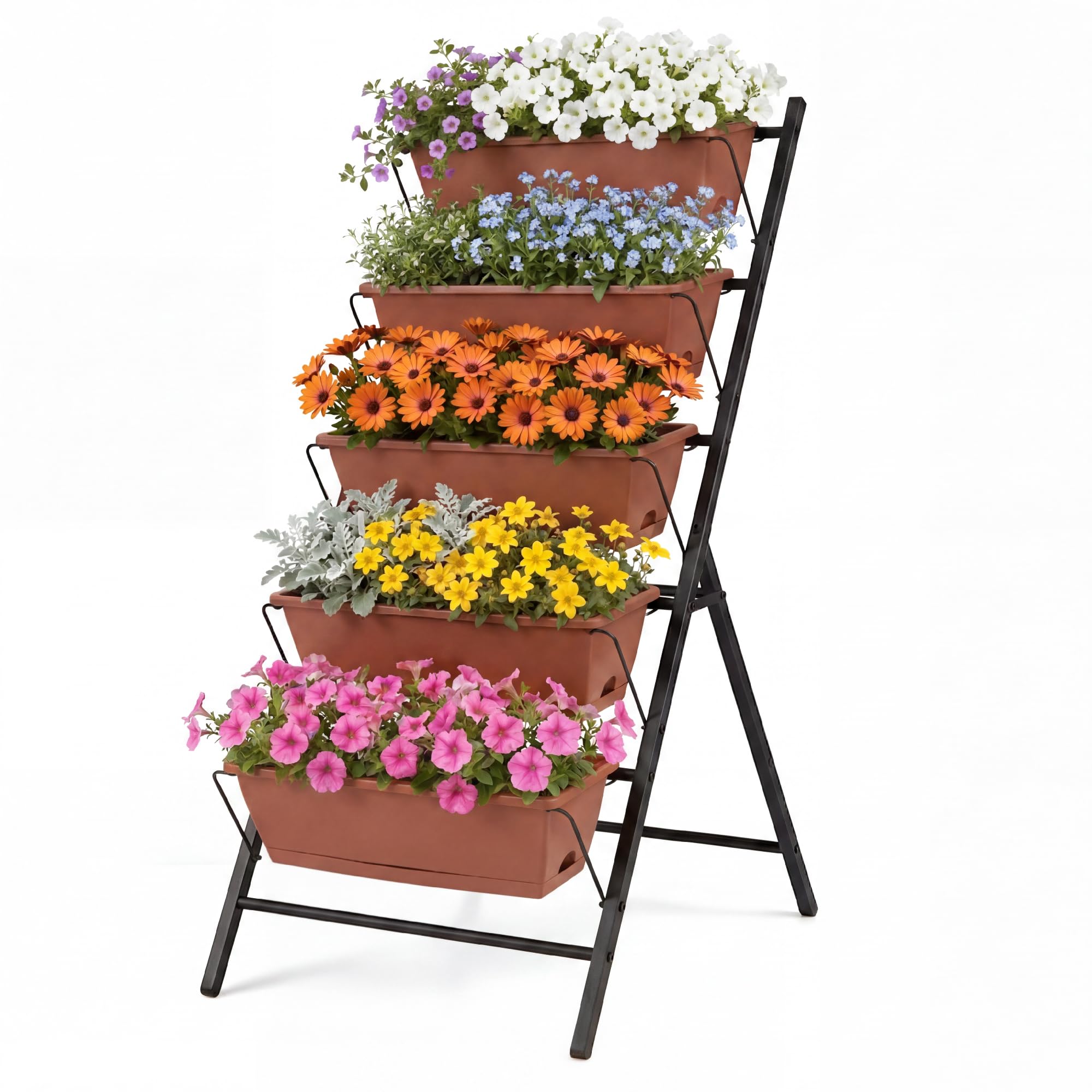 HOMASIS Jardinera Vertical de 5 Niveles, 57 x 71 x 115 cm (Rojo) | Huerto Vertical con Marco de Metal, Bandejas Extraíbles y Orificios de Drenaje, Macetero Elevada para Interiores y Exteriores