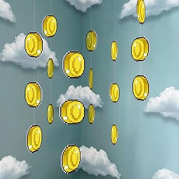 Epakh 24 Pcs Super Themed Party Decorations Hanging Birthday Party Decoration Gold Video Game Theme Ornaments Banners for Baby Shower Favors Super Game Room Home SuppliesCoin