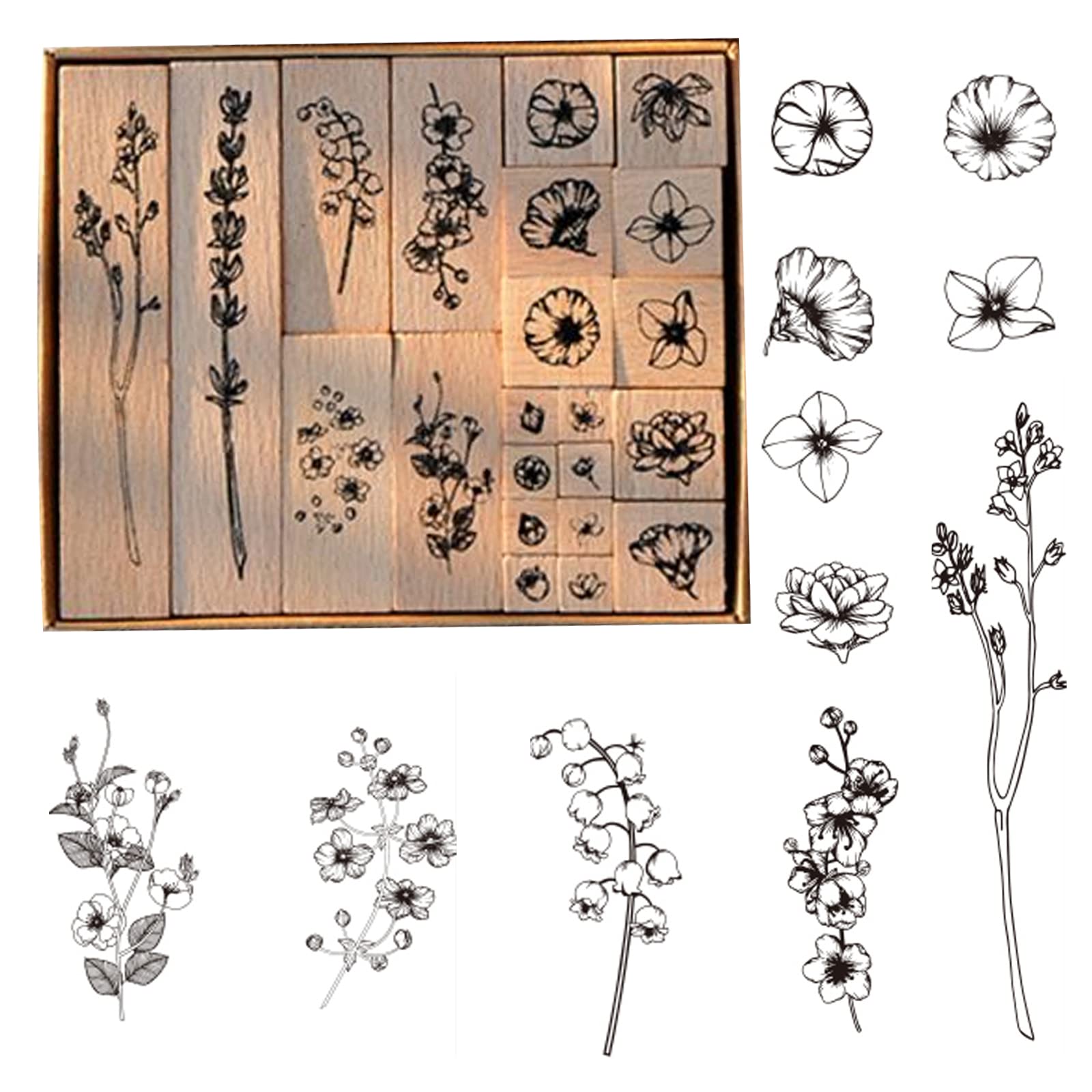 Wooden Rubber Stamps,22PCS Plant Patterns Rubber Stamp with 4 Sizes,Vintage Natural Floral Wooden Stamps for Postcards,DIY Crafts, Scrapbooking (Flower)