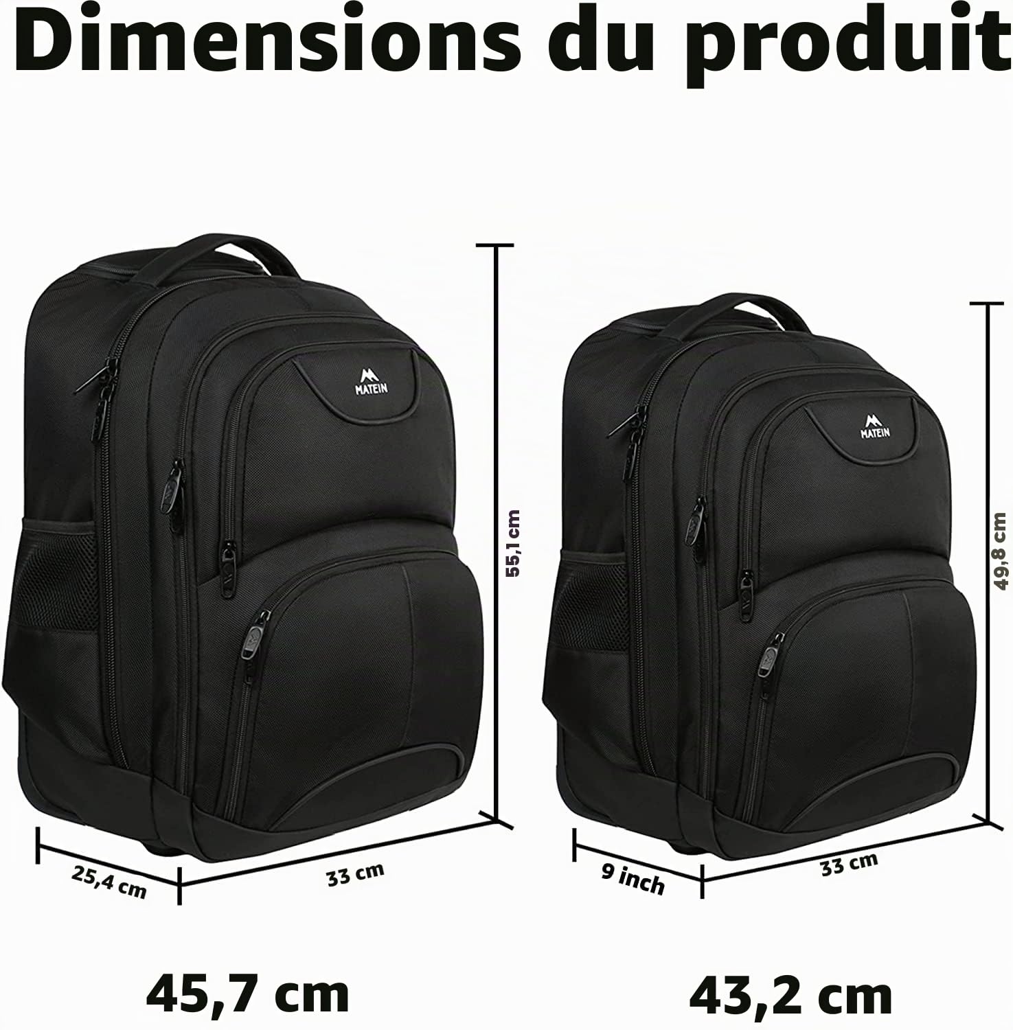 MATEIN Sac de Voyage à Roulettes, Grand Sac dos Roulette Sac à Dos Ordinateur Portable Femme, 18 Pouces Mallettes à Roulettes pour Ordinateur Portable Mallettes Pilote pour Homme Loisirs Affaire, Noir