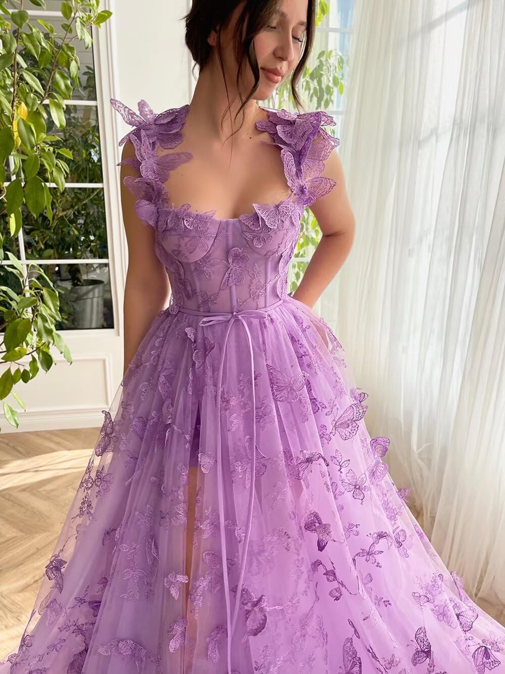 Eightale Vestido largo de tul con encaje y apliques de mariposa dividida en 3D, vestido formal de noche