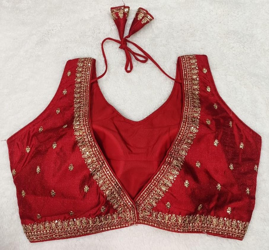 Pujia Mills Women's Indian Ethnic Wear Designer Golden Zari Embroidery With Sequence Work V Neck Sleeveless Readymade Worked Saree Blouse Readymade Red Color Blouse For Lehenga Choli