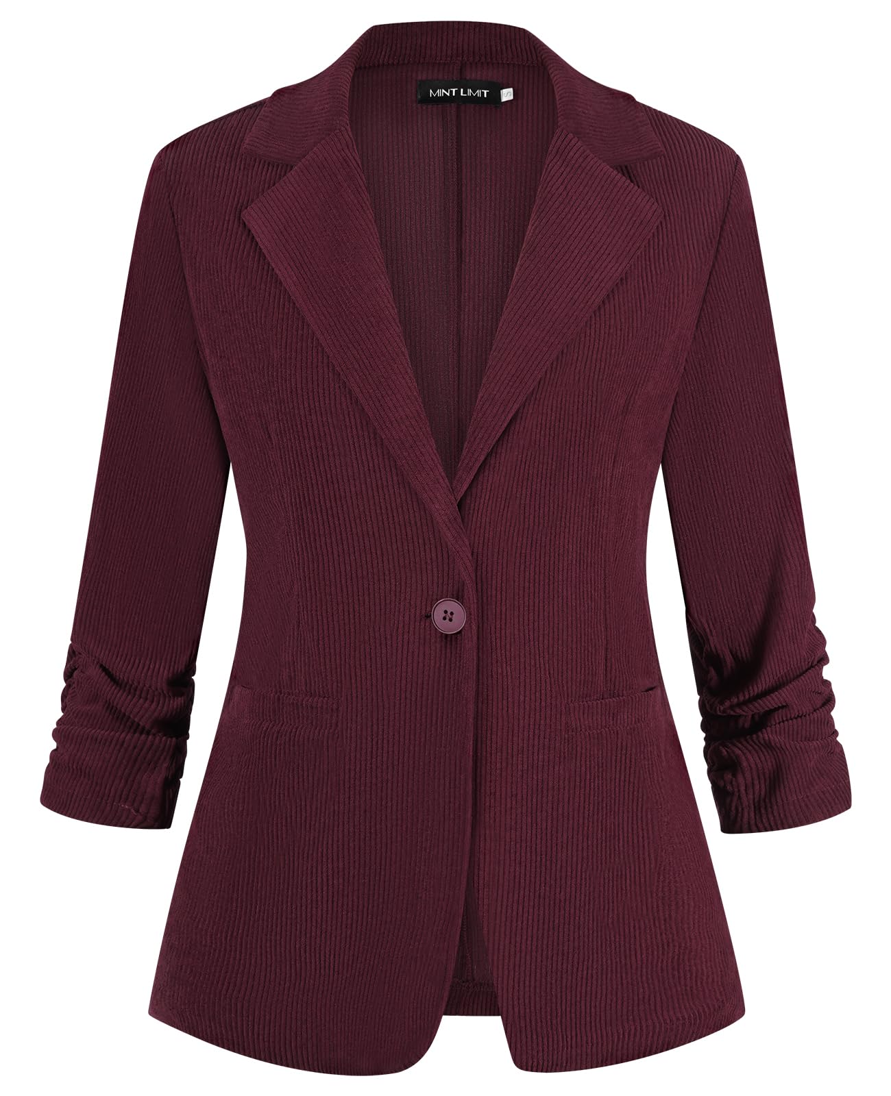 Womens Corduroy Blazer Ruched 3 4 Sleeve Lapel Button Blazers Casual Work Office Suit Jacket with Pockets