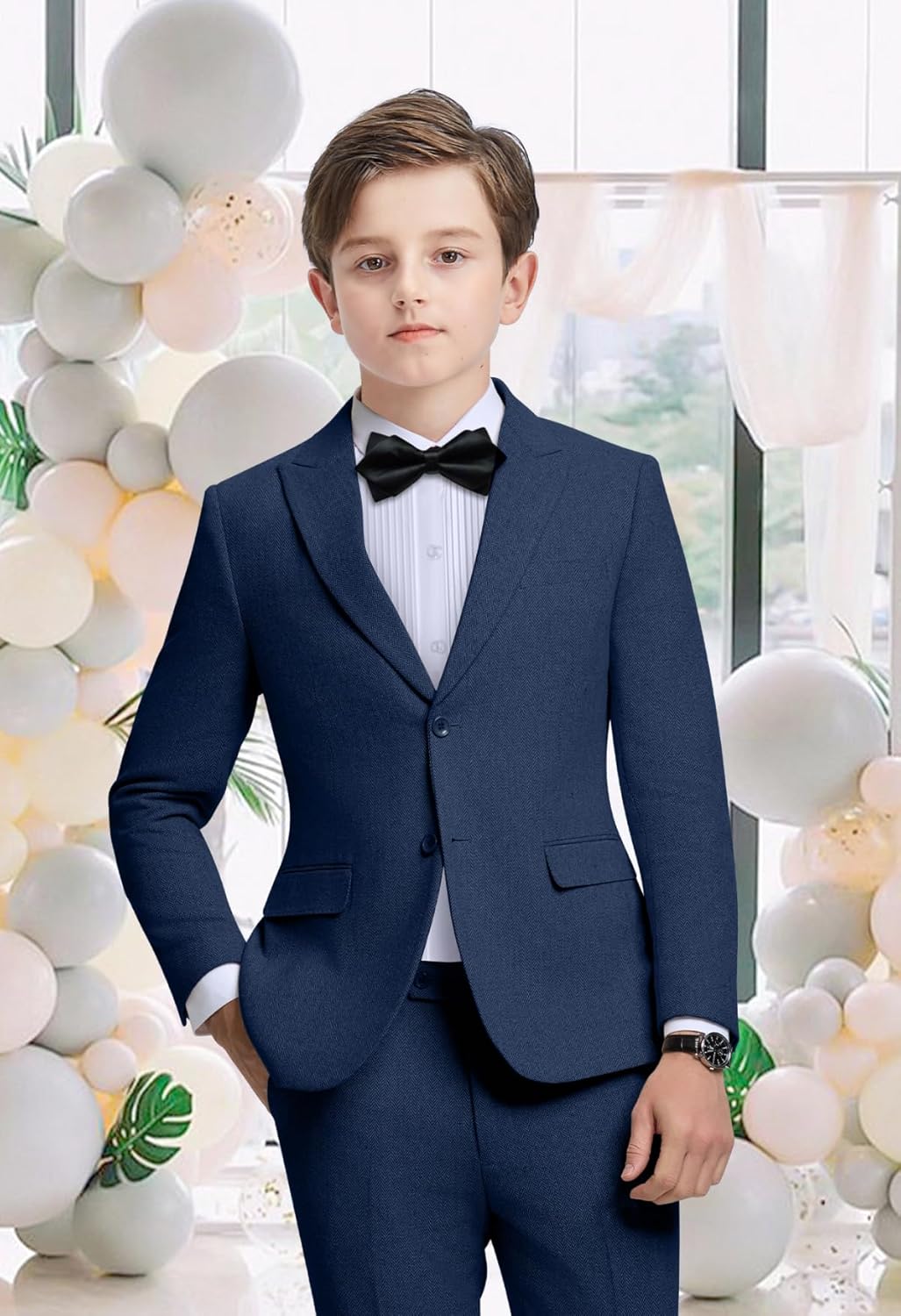 Boys Suits Herringbone Tweed Slim Fit 4 Pieces for Kids Formal Wedding Tuxedo Suit Jacket Set Dress Clothes for Party