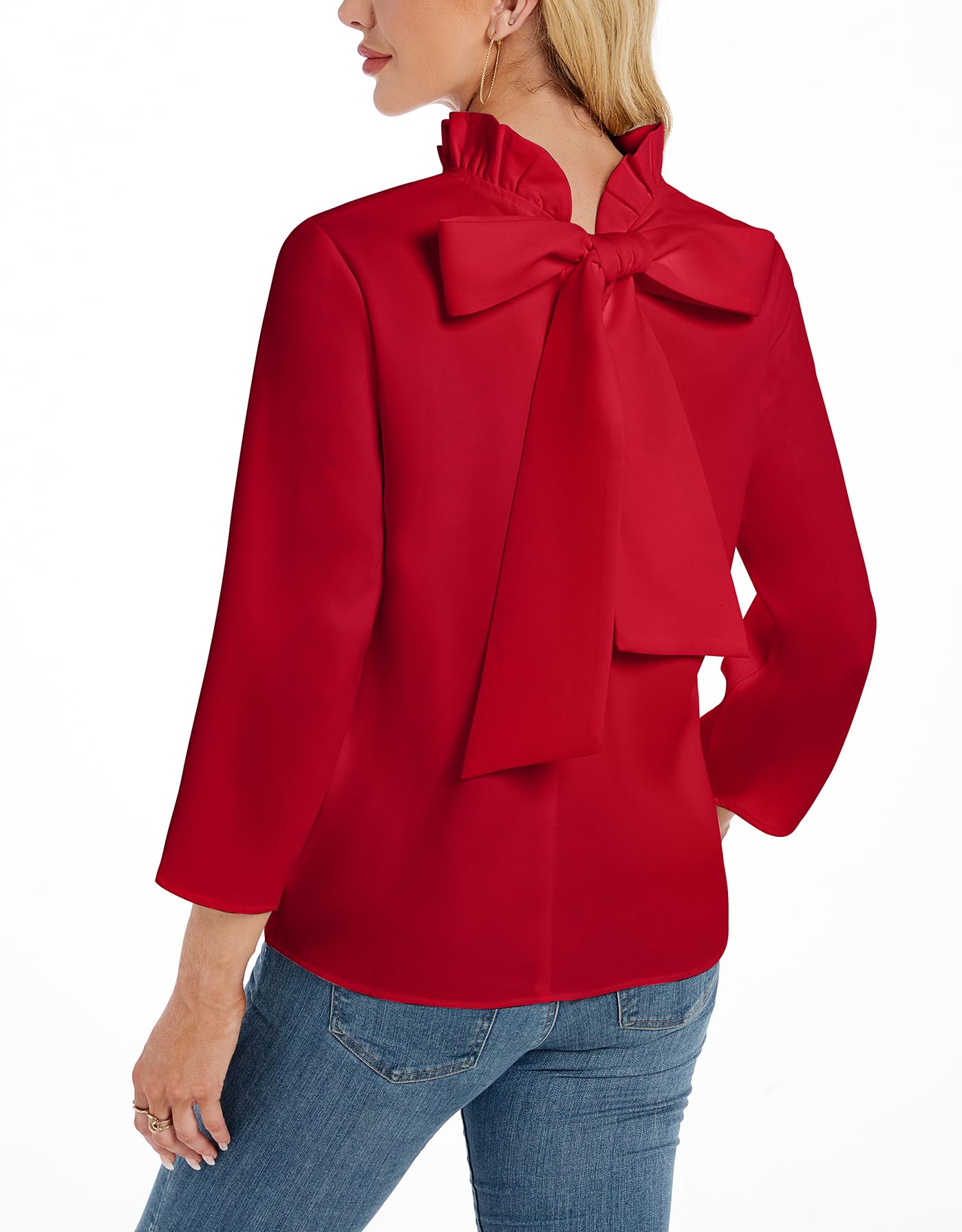 Kedera Women's Ruffle Mock Neck Blouses Top 3/4 Sleeves Elegant Shirt Bow Top with Pockets