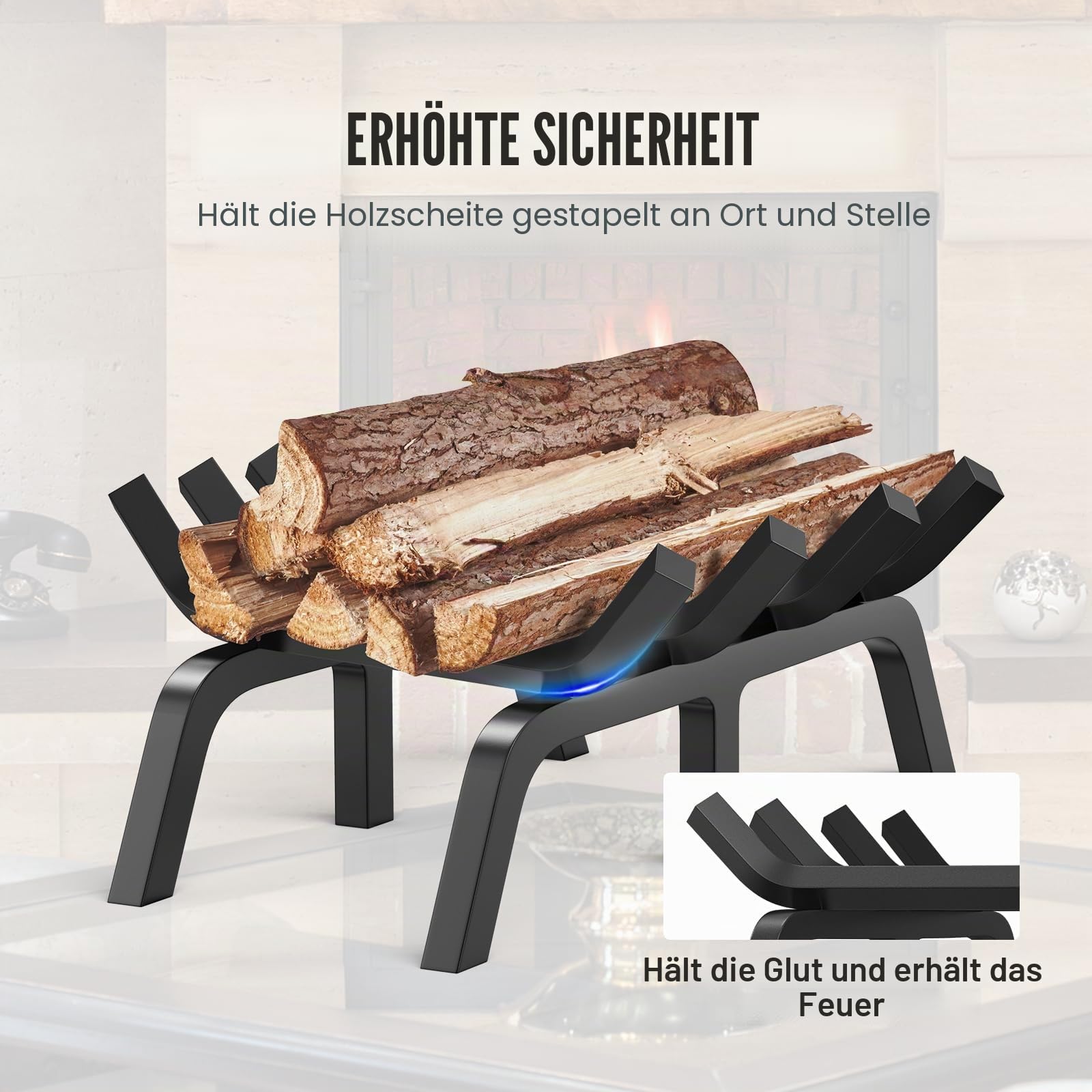 VEVOR Kaminrost, 46x18x10cm Feuerbock für Kamin mit 6 Stützbeinen, 19 mm pulverbeschichtete Stahlstangen, Feuerrost, Kaminholzrost, Ofenrost, Brennholzhalter für Innen- & Außenkamine