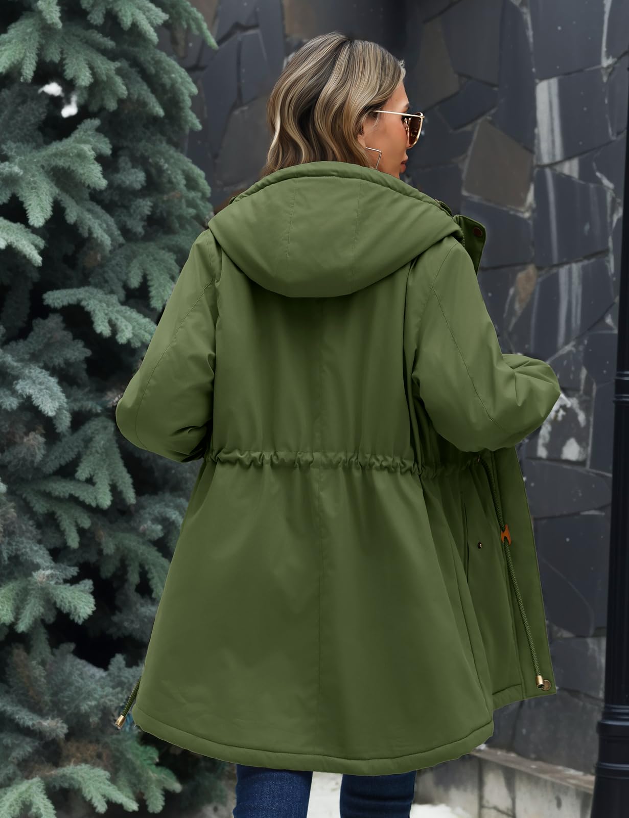 Vancavoo Abrigo Mujer Invierno Parka con Forro Polar Grueso | Parka con Capucha, Cintura Ajustable, Puños de Canalé, Bolsillos Oblicuos, Cremallera y Botones a Presión