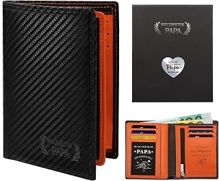 Geschenkset für Papa – Geldbörse „Weltbester Papa“ aus Karbonfaser-Leder mit Geschenkbox, Glücksbringer & Grußkarte Vatertag, Geburtstag oder Weihnachten