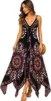 Vestido Longo Feminino Boho Estampado, Mandala Indiana, Alças Finas, Decote V, Saia Assimétrica, Moda Praia Premium