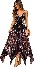 Vestido Longo Feminino Boho Estampado, Mandala Indiana, Alças Finas, Decote V, Saia Assimétrica, Moda Praia Premium