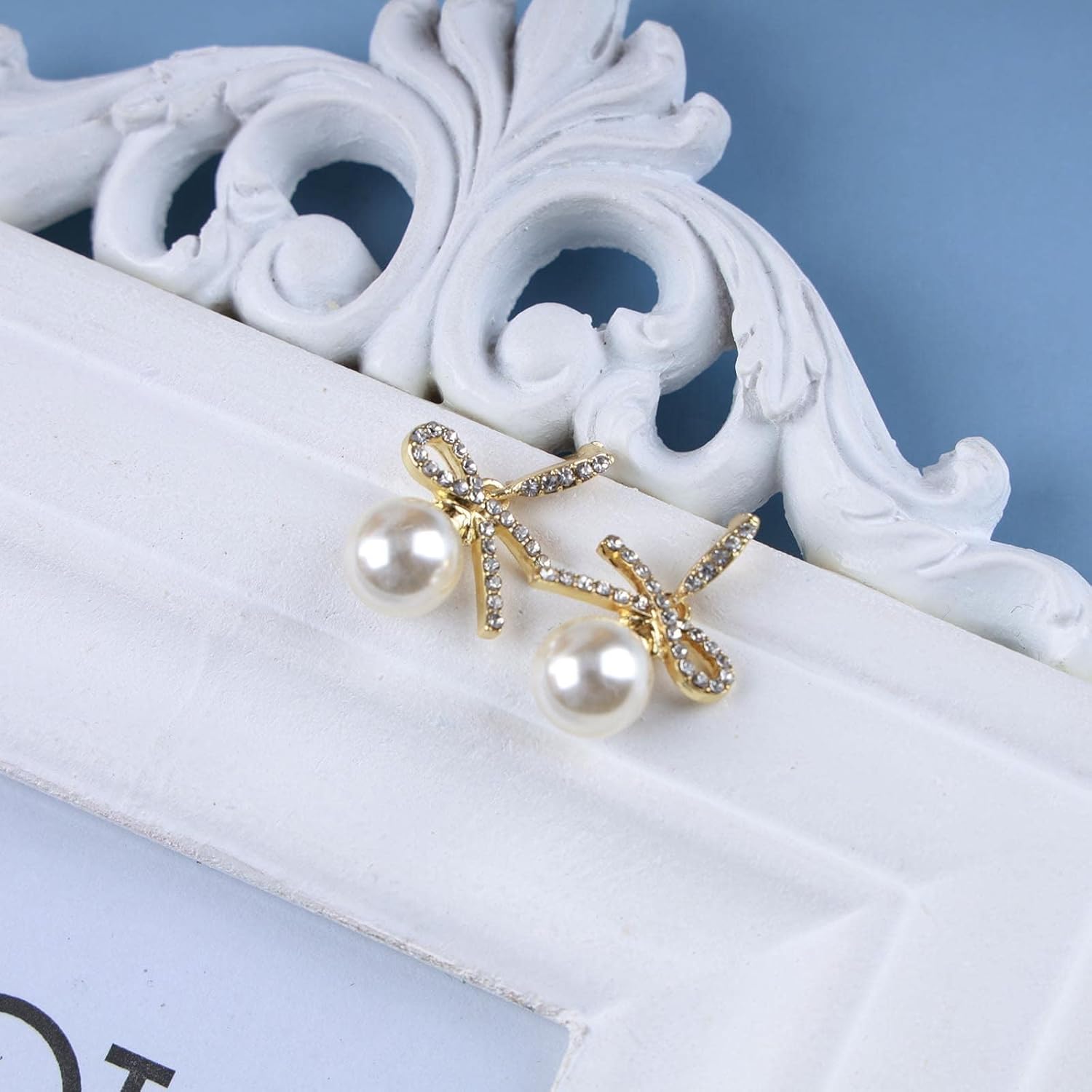 Boho Bow Pearl Drop Earrings Gold Crystal Bow Earrings Ribbon Bow Pearl Earrings Large Pearl Dangle Earrings Jewelry for Women - Image 5