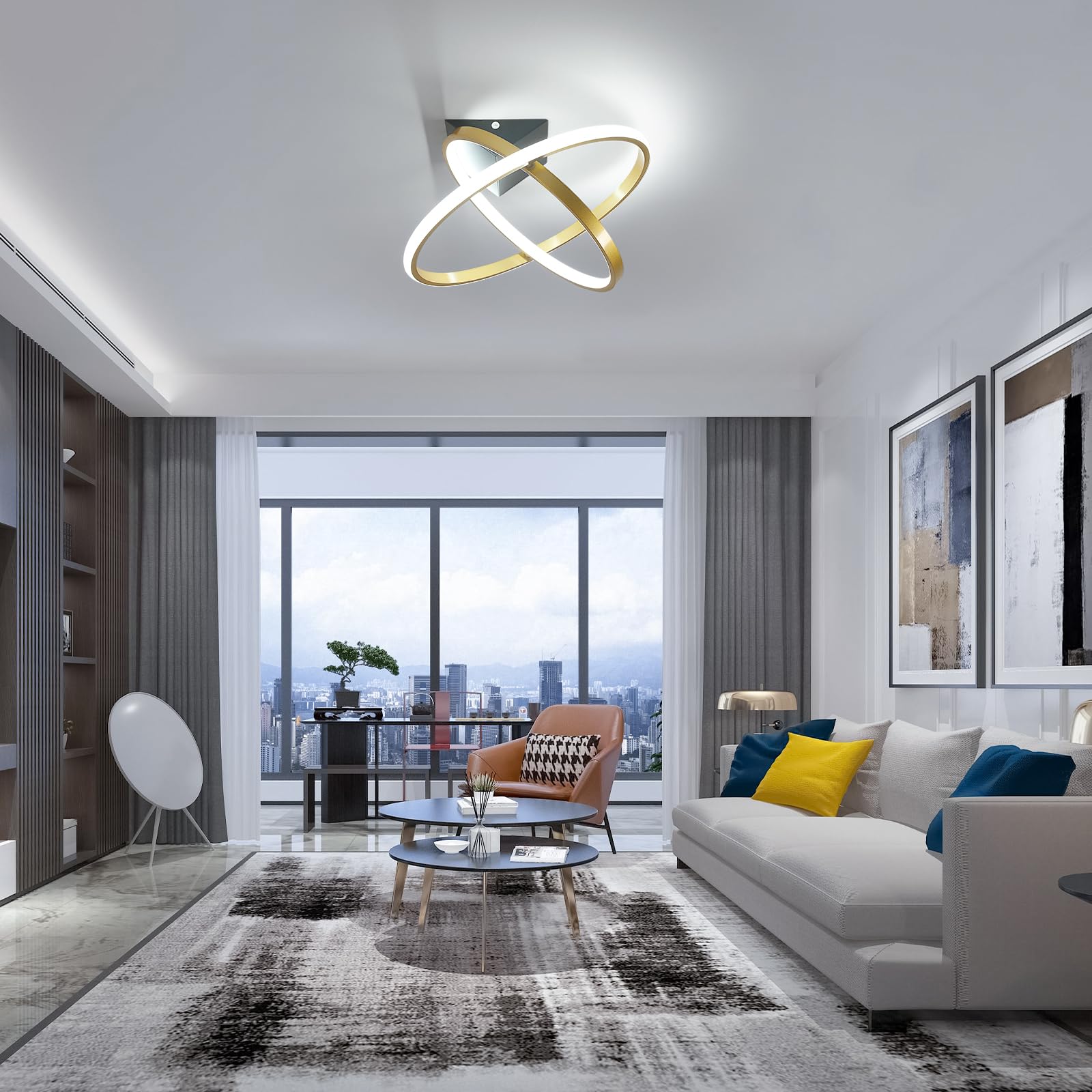 Plafoniera LED Soffitto Moderna, 32W 3600LM Lampada Dimmerabile con Telecomando 3000K-6500K, Ruotabile 360° Lampadario Moderno per Camera da Letto Soggiorno Cucina, Ø41CM, Oro
