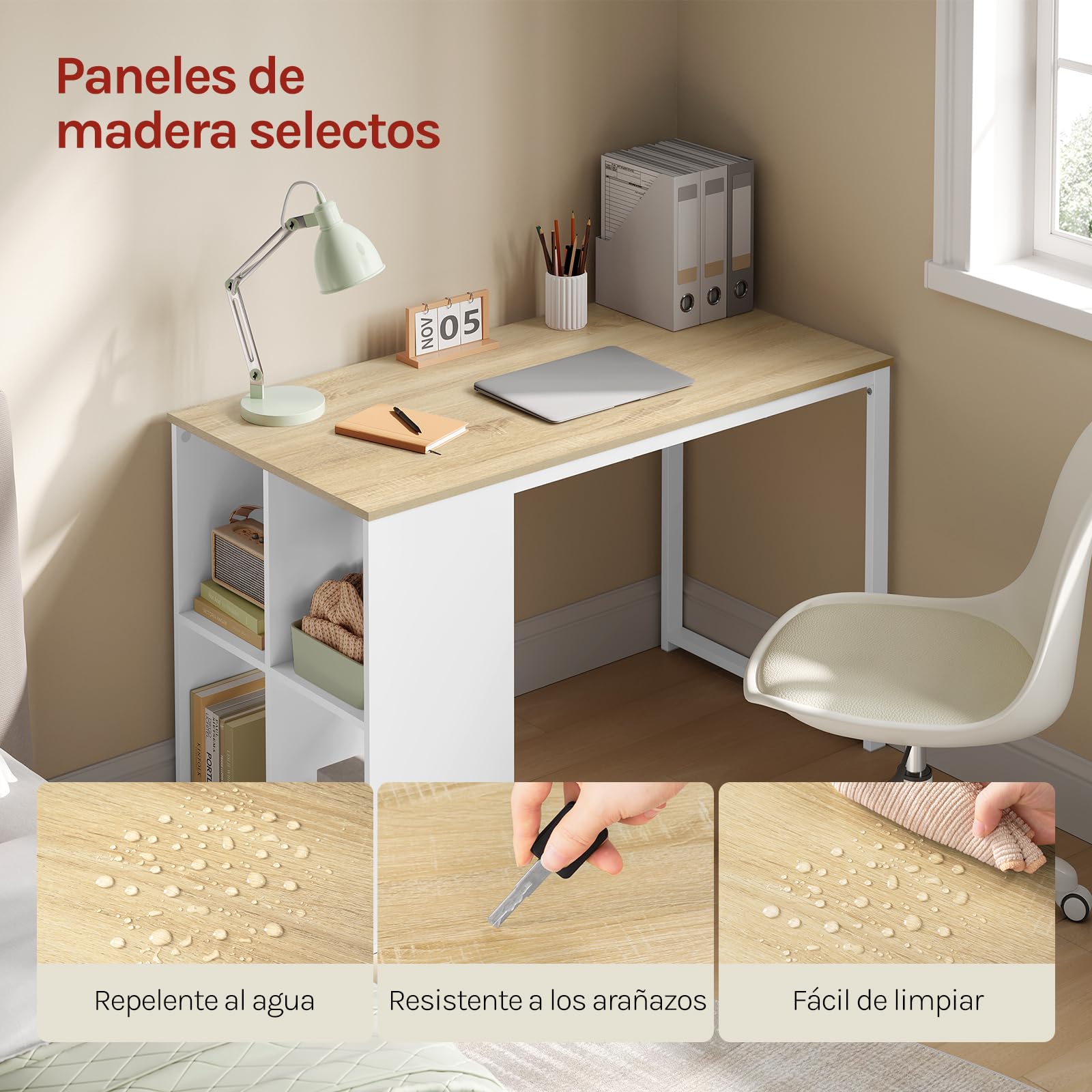 WOLTU Escritorio de Oficina con Estantería y Almacenamiento, Blanco Brillante, 120x60x75 cm, Mesa Estudio Multifuncional para Ordenador, Dormitorio, Estudio