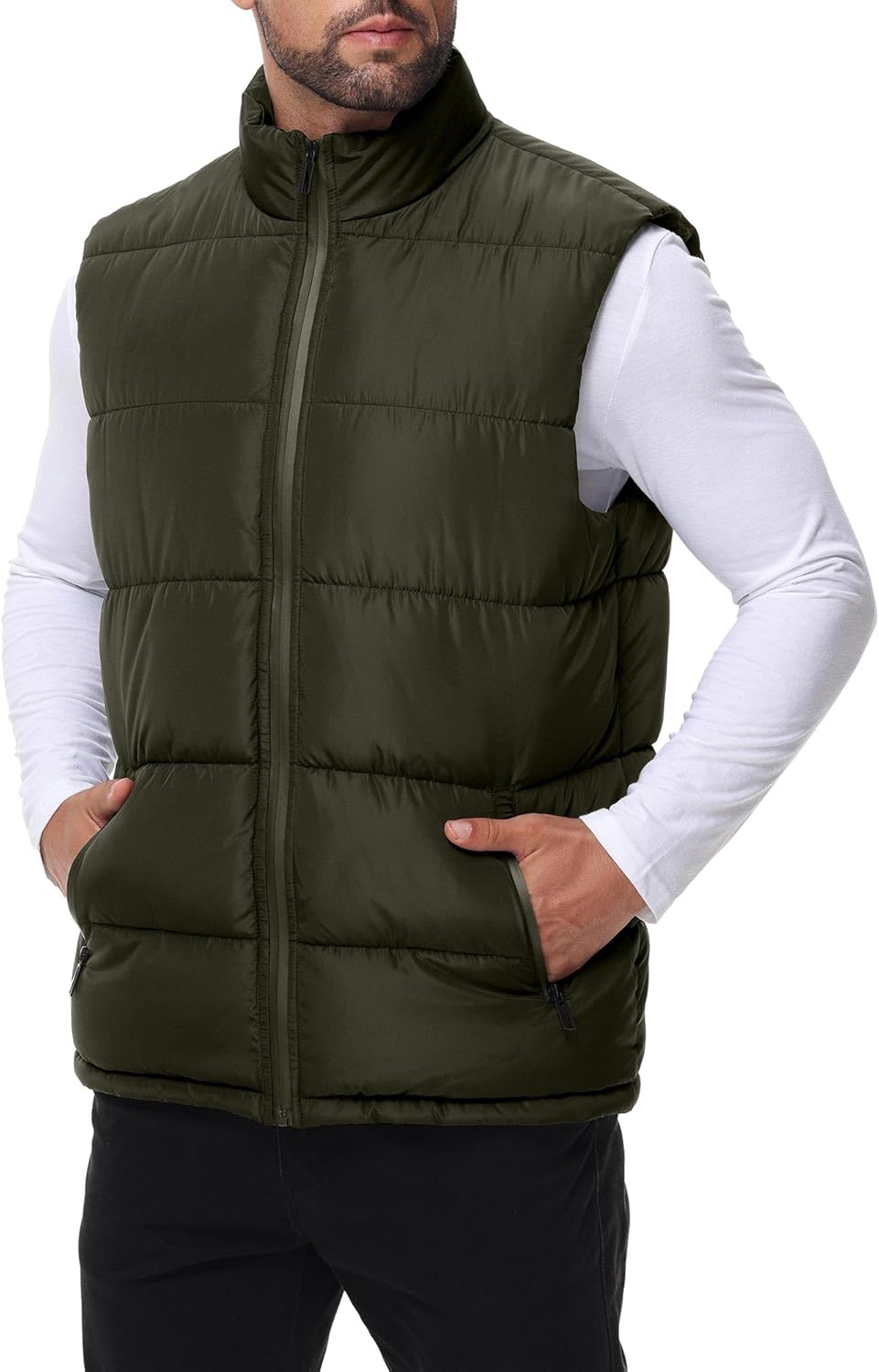 Men's Puffer Vest Outerwear Winter Warm Sleeveless Jacket Zipper Quilted Puffy Vests with Pockets Army Green L