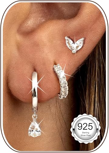 LOLIAS 3 Pares Pendientes Mujer Plata de Ley 925 Chapada en Oro Dorados de 14K P