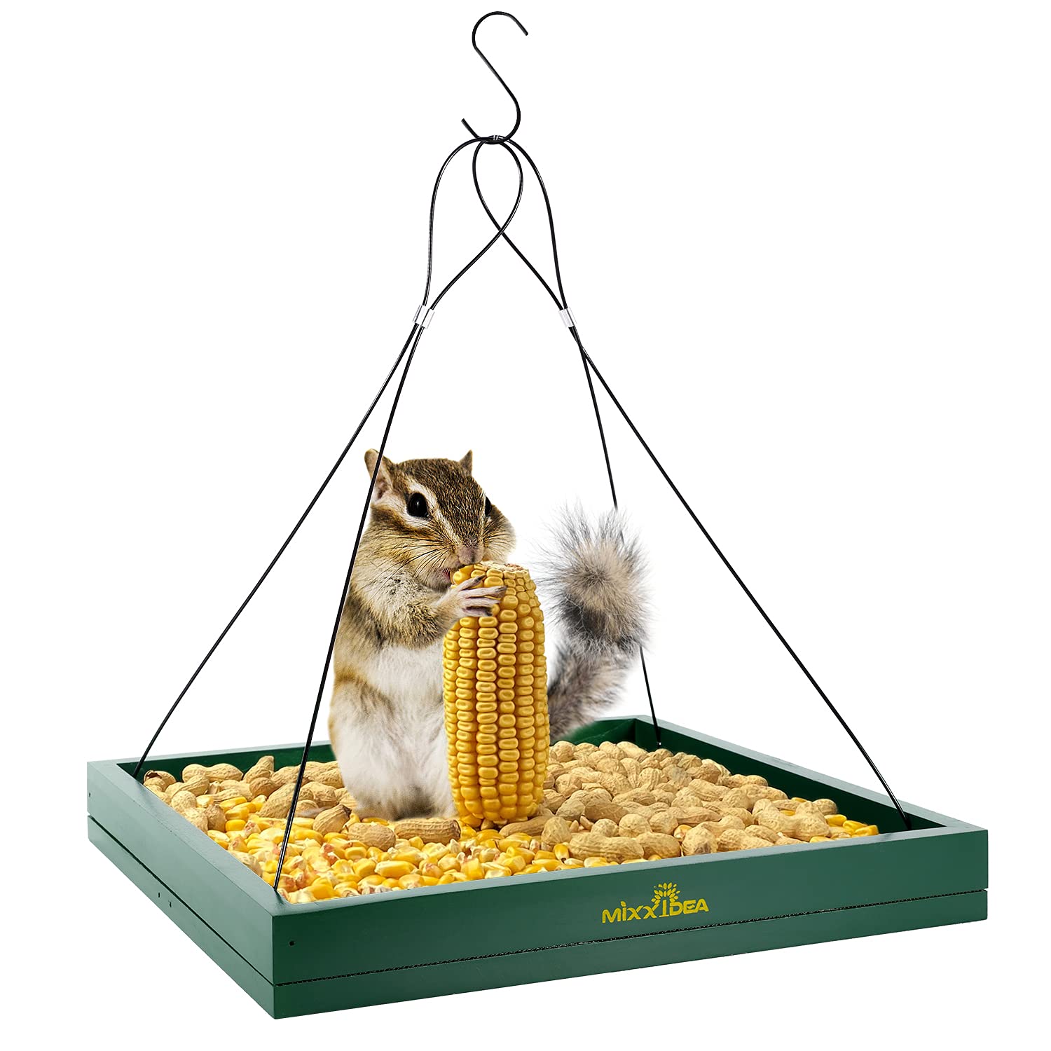 MIXXIDEA Comedero para ardillas, plataforma de madera, comedero de pájaros salvajes, plataforma de malla para decoración exterior de jardín (verde-1 unidad)