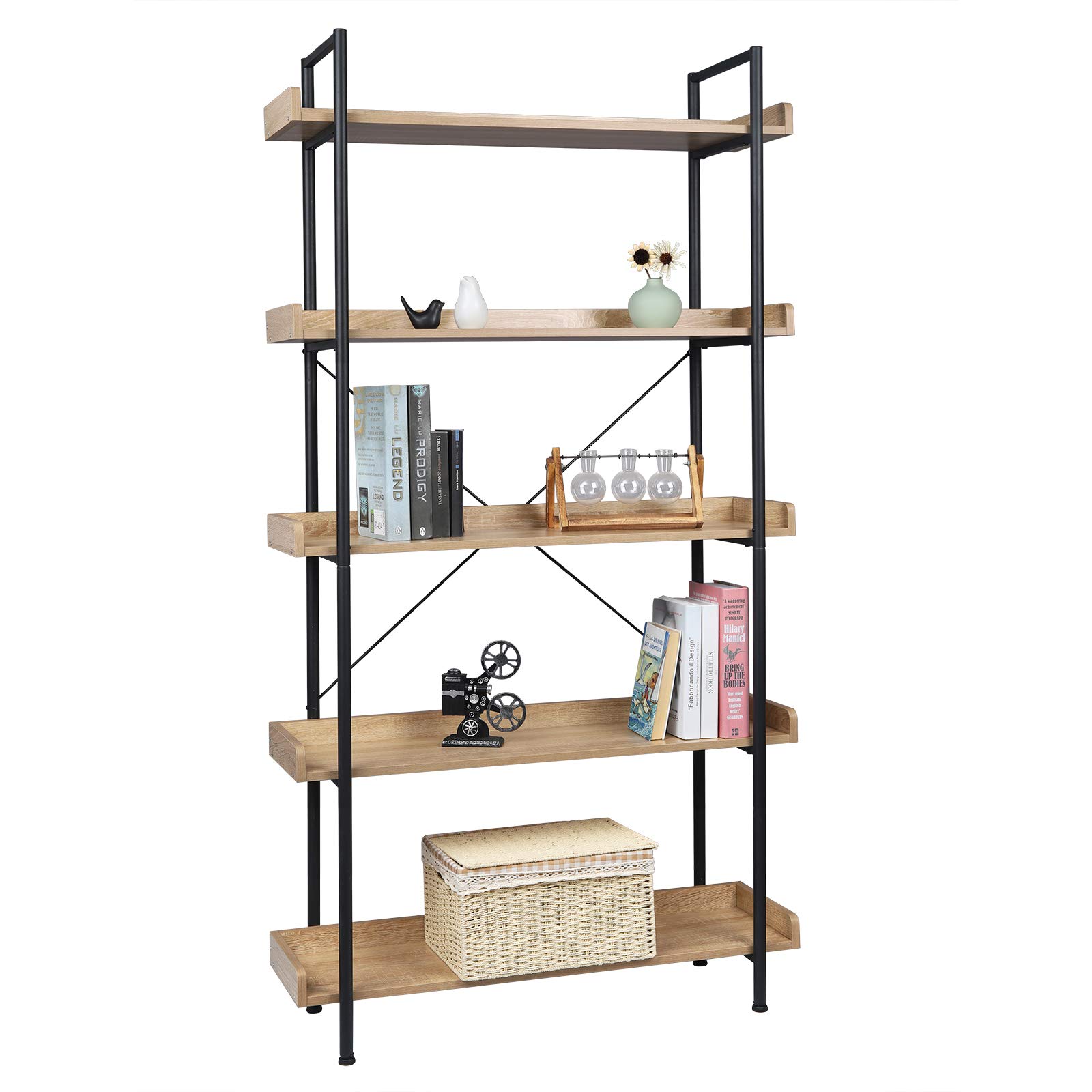 WOLTU Estanteria de 5 Niveles, Estante de Almacenaje, Estantería de Pie, Librería, Marco de Acero, para Salón Estudio y Oficina, 91x25.5x173 cm, Roble Claro