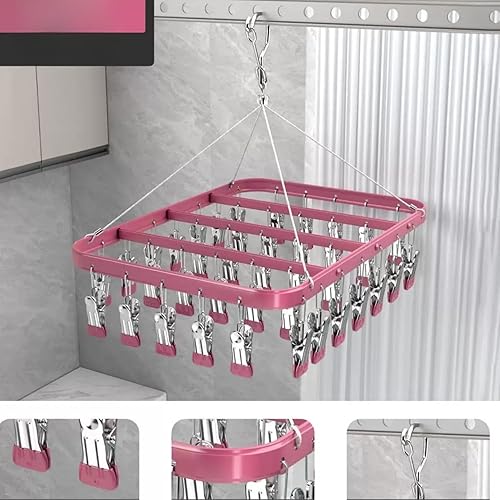 Miniatura 5 de Perchas de metal con 36 clips, resistente al viento, gancho para ropa interior, clip plegable para ropa interior, para calcetines, brasieres (rosa)