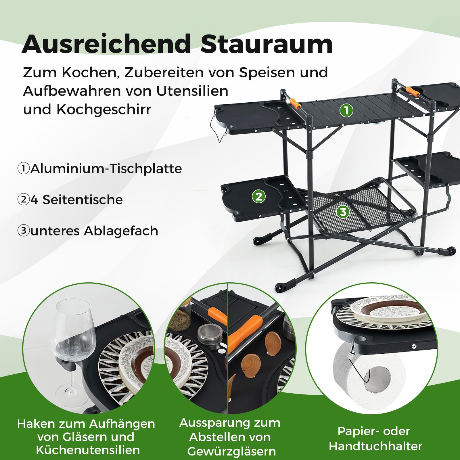 COSTWAY Campingküche klappbar, Reiseküche mit Aluminium-Tischplatte, 4 Seitentischen, Ablage & Tragetasche, Camping Küche, Outdoor-Kochstation für Picknick, Grillen, Camping und Reisen