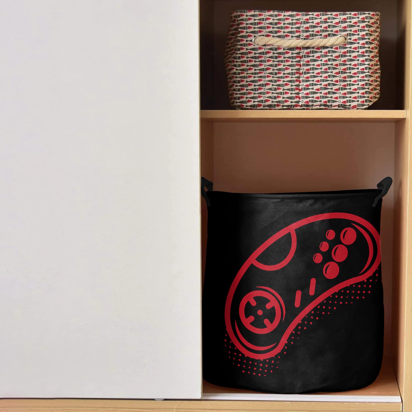 Collapsible Laundry Basket - 16.5 x 17 In Video Game Storage Bin Laundry Hamper with Handles, Red Video Game Handle Black Waterproof Clothes Baskets for Bedroom/Kids Room