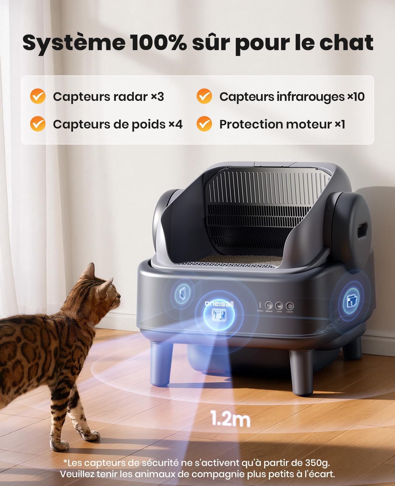 oneisall Litiere Chat Autonettoyante XXL avec EaseClean™, silencieuse litière autonettoyante, Poubelle de 11L adaptée aux Grands Chats, incluant Tapis litiere Chat et 40 Sacs.