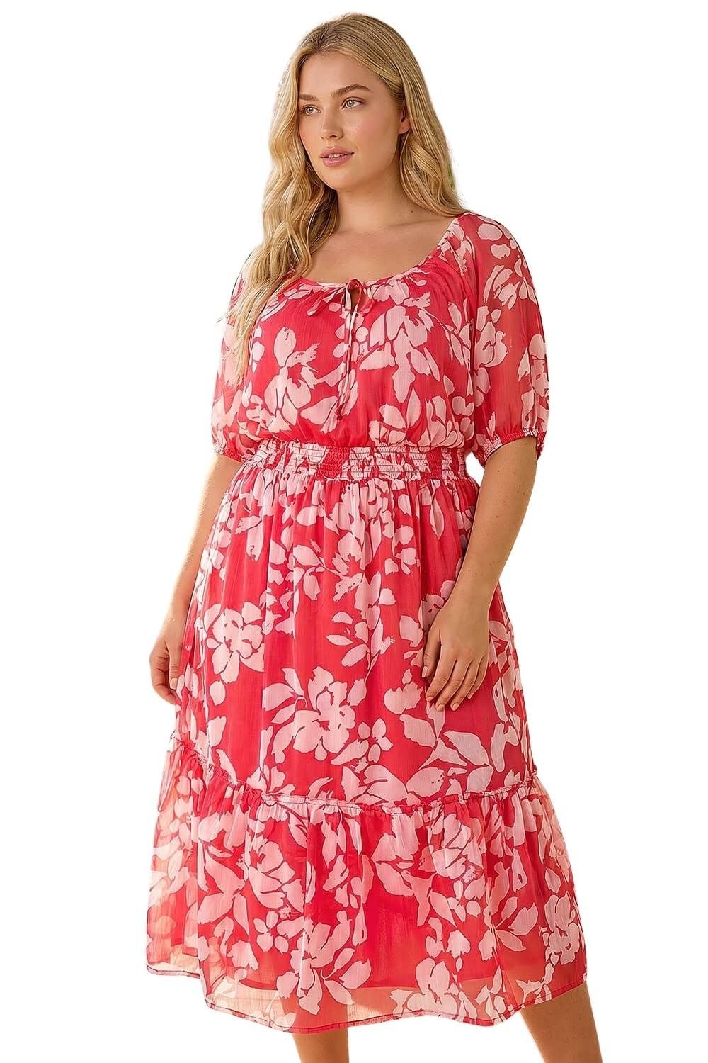 Roman Originals Women's Pink Roman Curve Tropical Print Tie Neck Midi Dress For Uk - Spring Everyday Summer Holiday Short Sleeve Soft Swing Comfy Floral Frock Dinner Date Gowns - Size 20