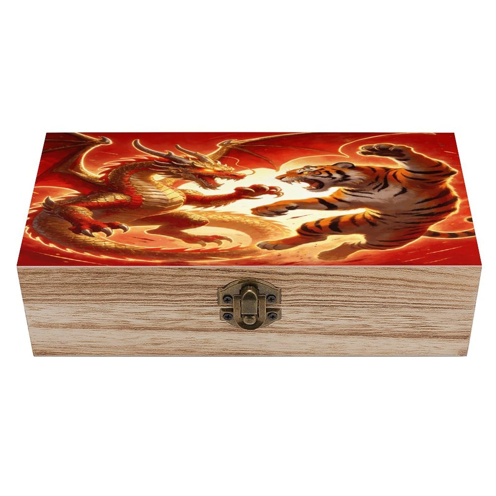 LZQPOEAS Dragon Versus Tiger Wooden Keepsake Box Wooden Storage Box Container with Hinged Lid Beautiful Wood Memory Box Decorative Jewelry Case for Crafts Art Hobbies & Trinket Storage