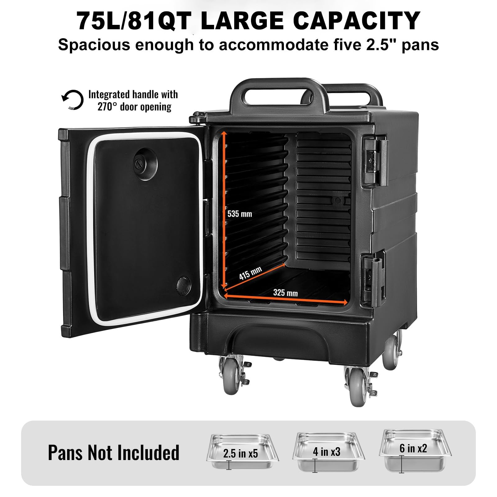 Contenedor isotérmico para bandejas de alimentos 81 Qt, caja térmica con ruedas giratorias de 360°, carga frontal, temperatura constante, sin electricidad para frío y calor
