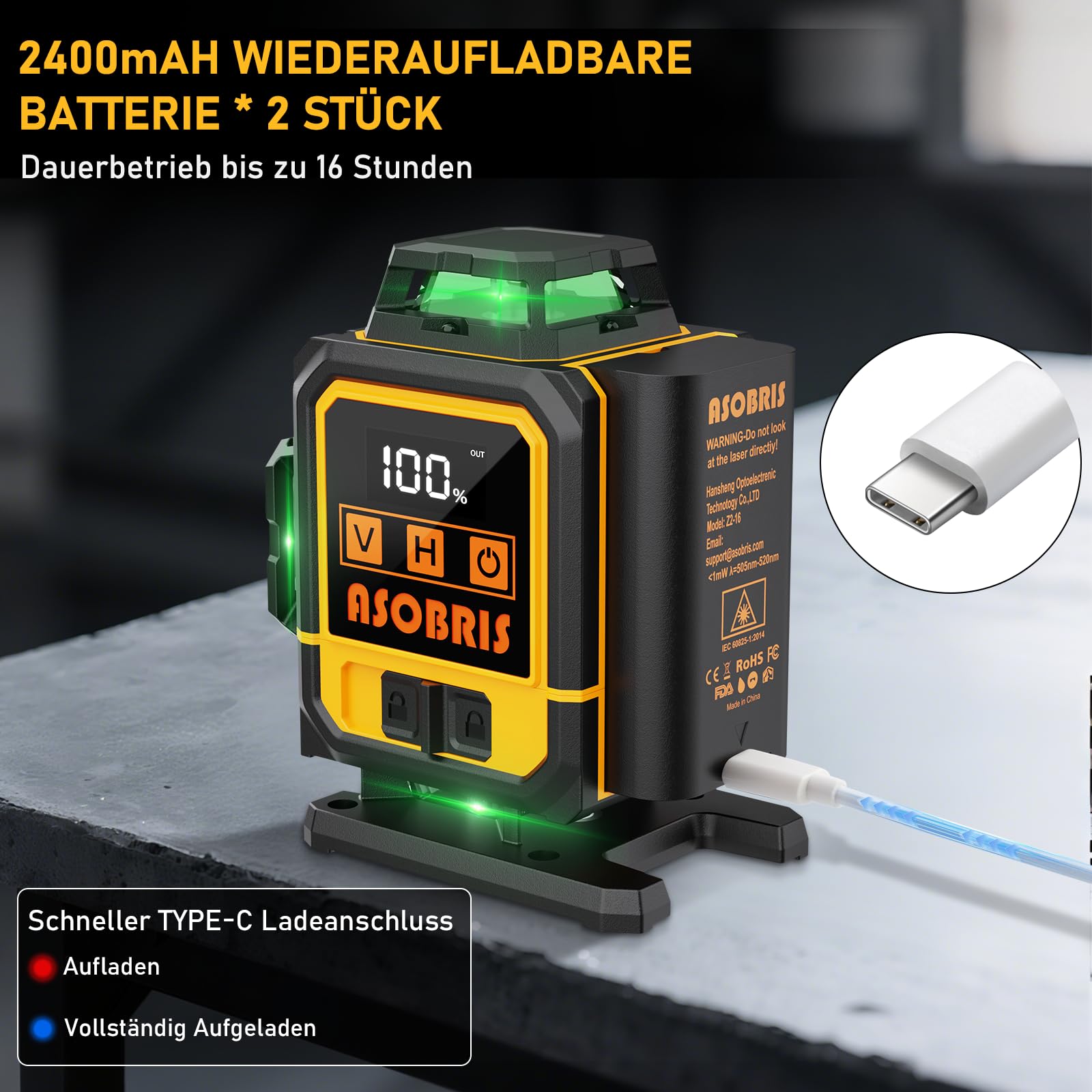 Kreuzlinienlaser mit Stativ,ASOBRIS 16 Linienlaser Selbstnivellierend Laser Wasserwaage mit 2x2400mAh Batterien,Fernbedienung&LED-Anzeige,4x360 Grad Nivellierlaser Laser Level kreuzlaser (Gelb)