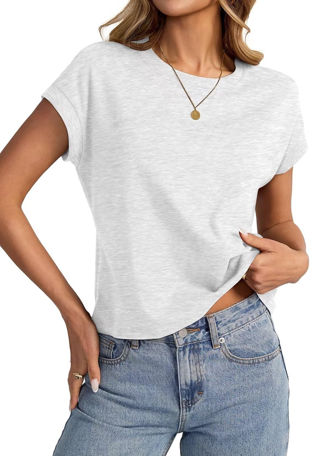 Womens Cap Sleeve Crop Tops Cotton T Shirts Crewneck...