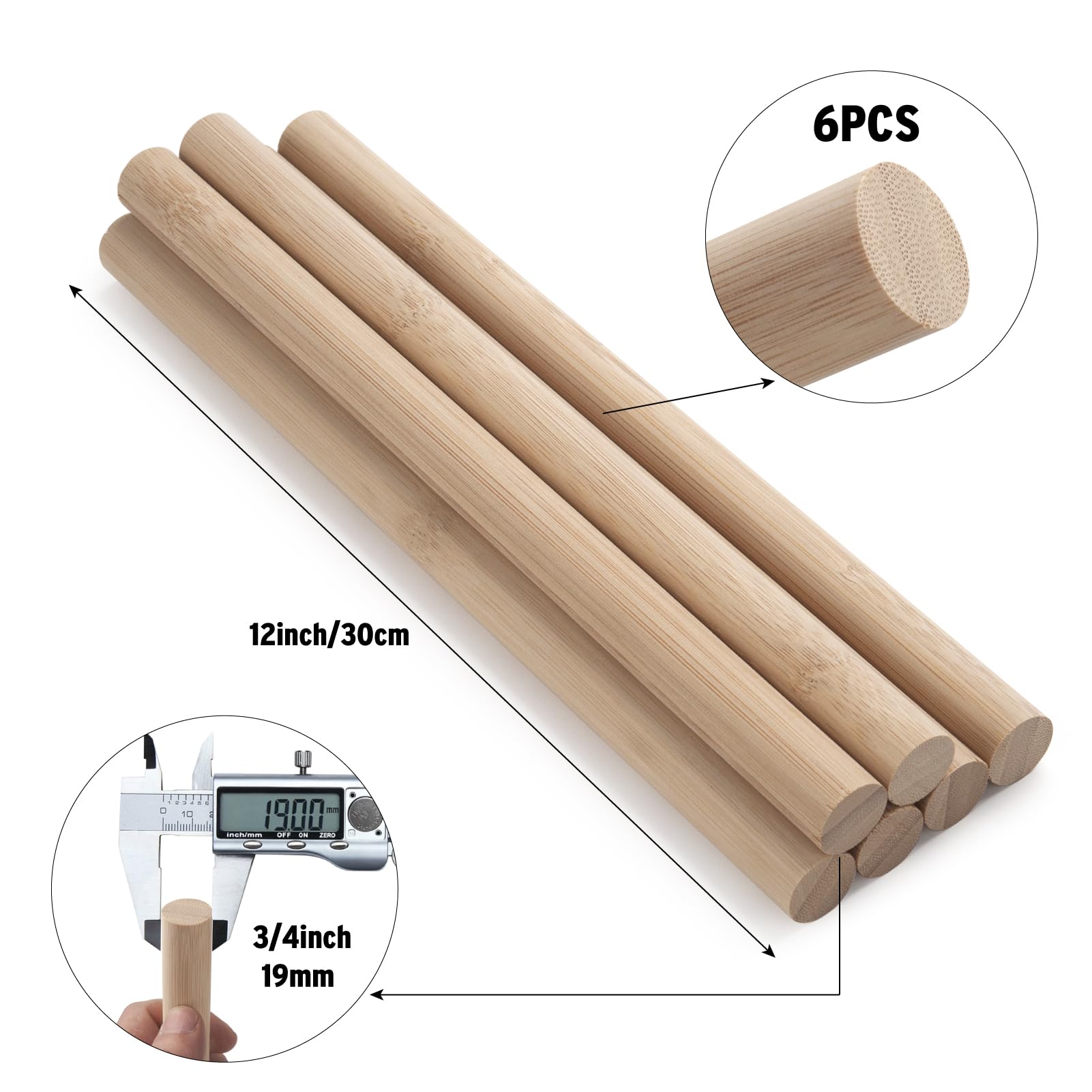 Wooden Sticks Wooden Dowels for Crafts 6 PCS 1.9 x 30 cm Bamboo Sticks for Crafting Round Macrame Wood Dowel Rods - Image 3