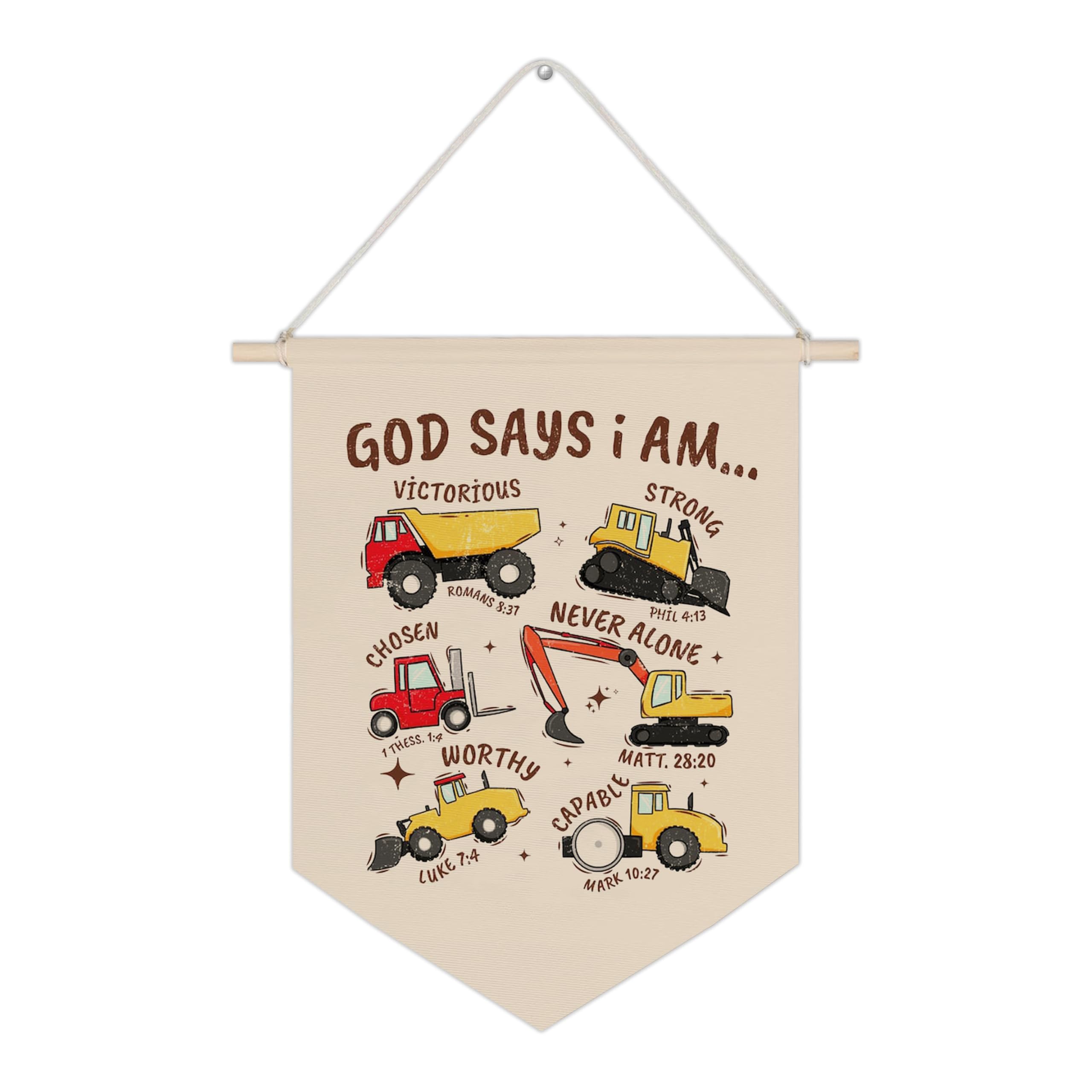 WUCHJ Construction Christian Nursery Canvas Wall Banners,God Says I Am Bible Verse Construction Hanging Display Pennant Flags,Inspirational Wall Decor for Kids Boys Nursery Bedroom Playroom 11x14 Inch