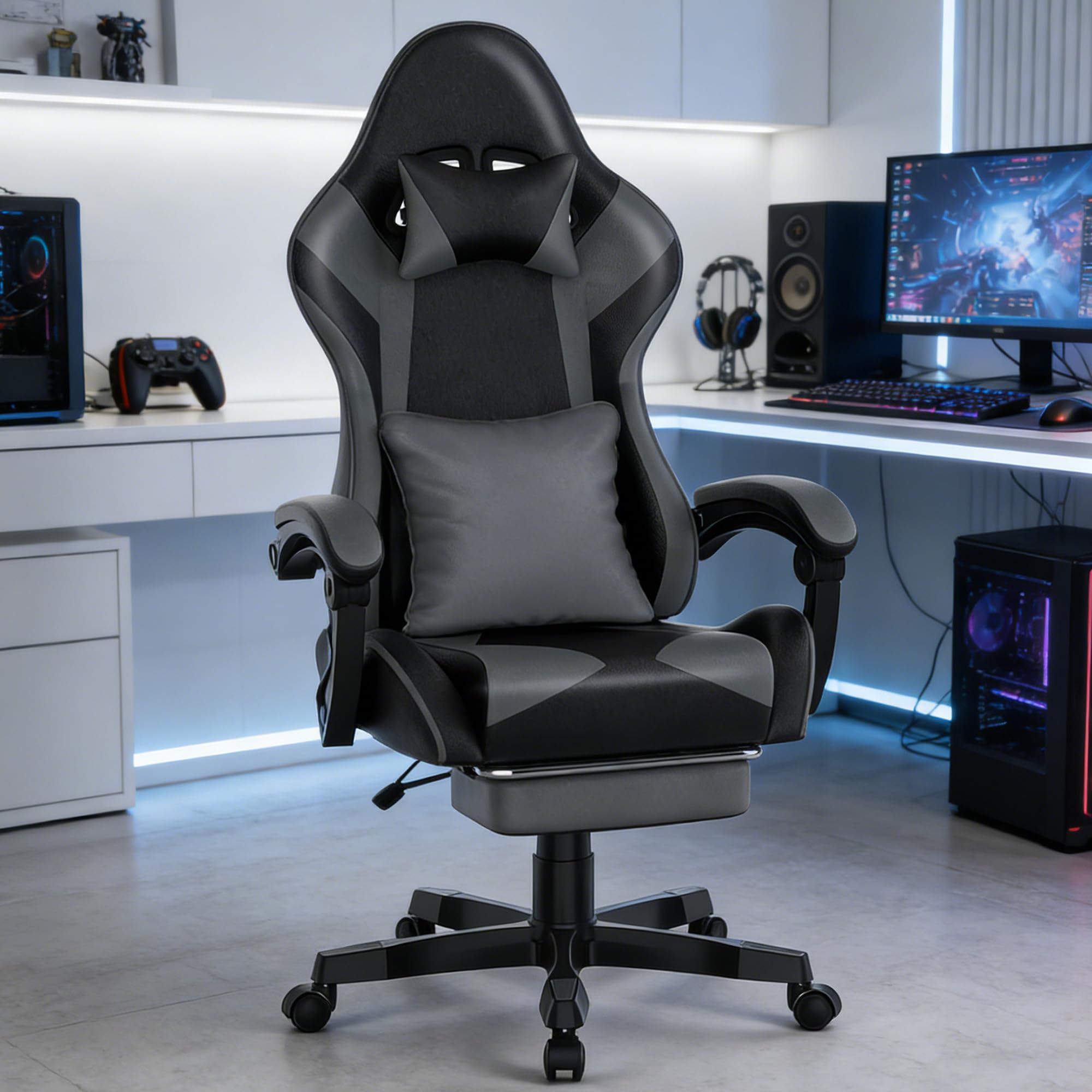 Soontrans Silla Gaming Ergonómica, Silla Gamer con Alfombrilla de Ratón, Reposapiés, Reposacabezas, Cuero sintético, Altura Ajustable, Cadeira Gaming para Escritorio, Juegos Online (Negro grisáceo)