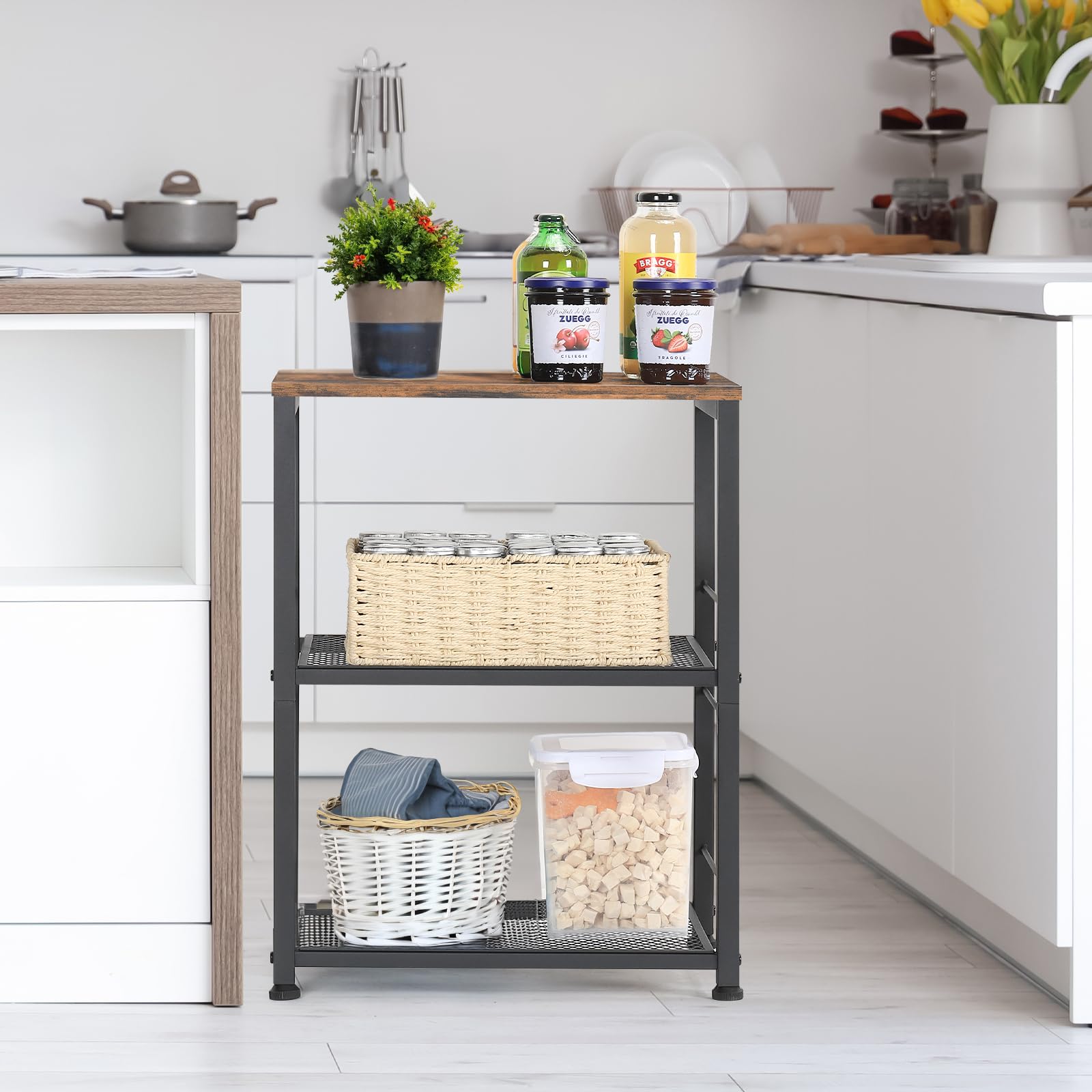 Nandae Carrello Cucina con rack di stoccaggio a 3 piani, Carrello di Servizio con ruote, ripiano in legno e telaio in metallo per Cucina e Soggiorno