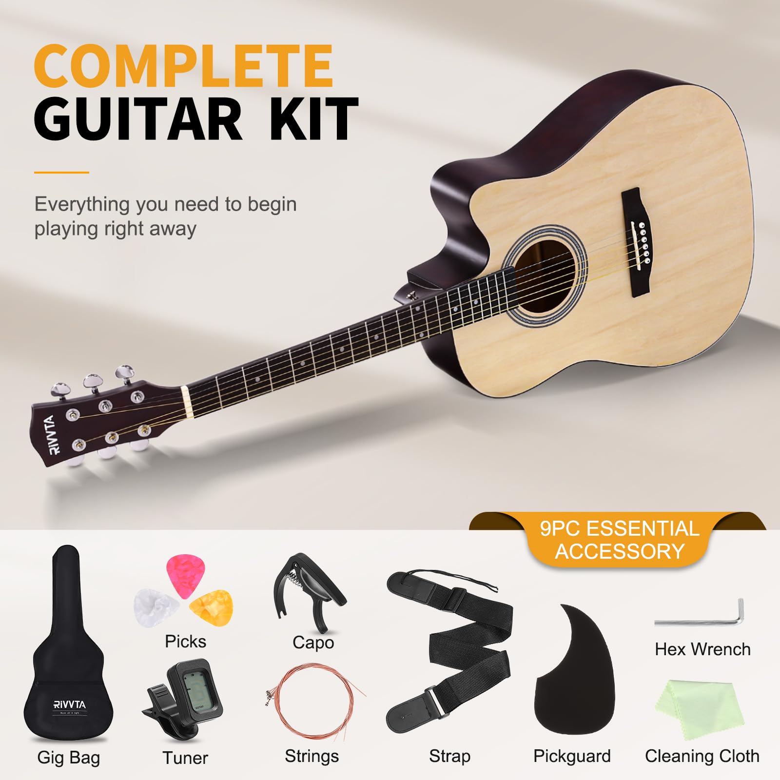 QUARKZMAN Kit Chitarra Acustica Per Principianti Adulti, Chitarra Acustica Elettrica 41 Pollici Cutaway Con Accordatore, Corde, Plettri, Tracolla, Pickguard