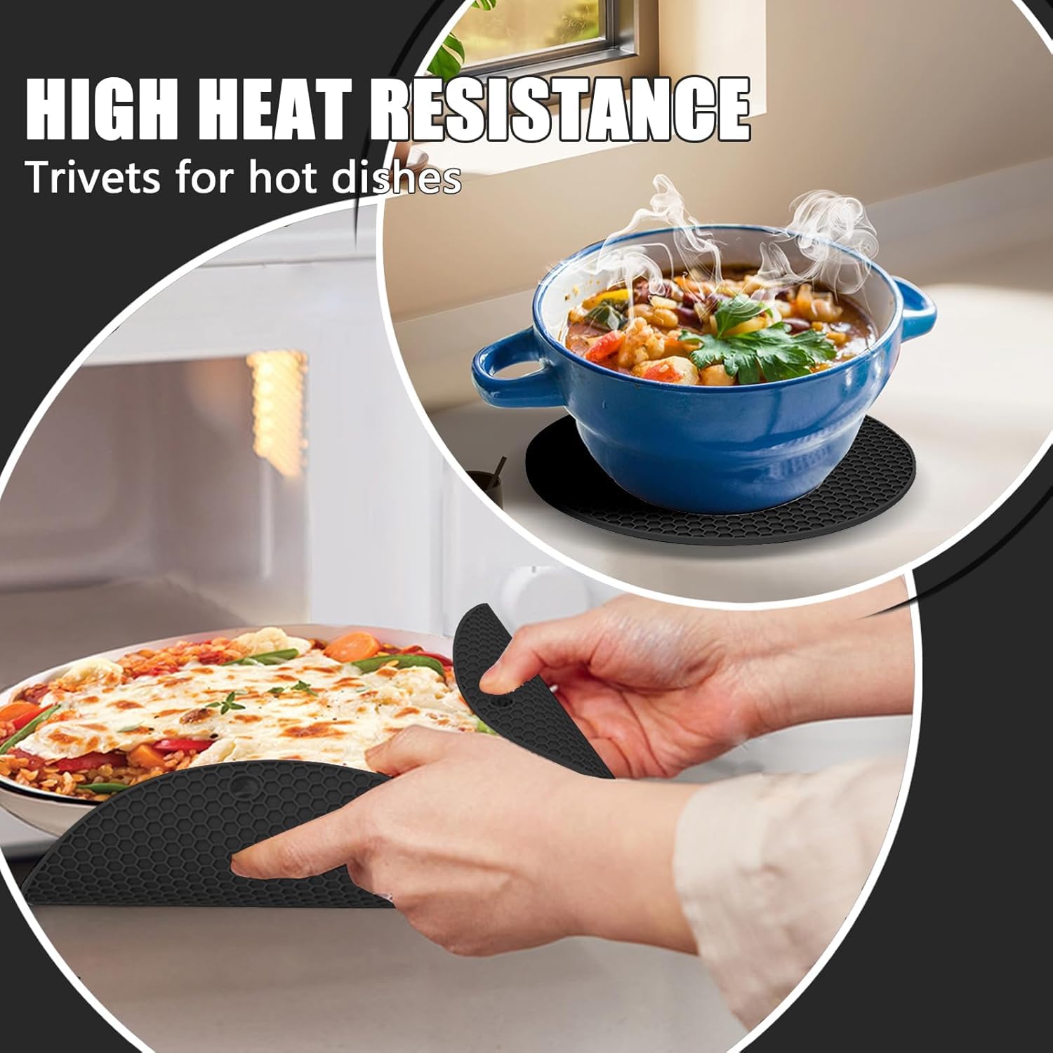 Guantes de horno de silicona con almohadillas calientes resistentes al calor y juego de cinco espátulas diseñados para cocina, hornear, cocinar, forro de algodón suave, impermeable, sin BPA (negro,
