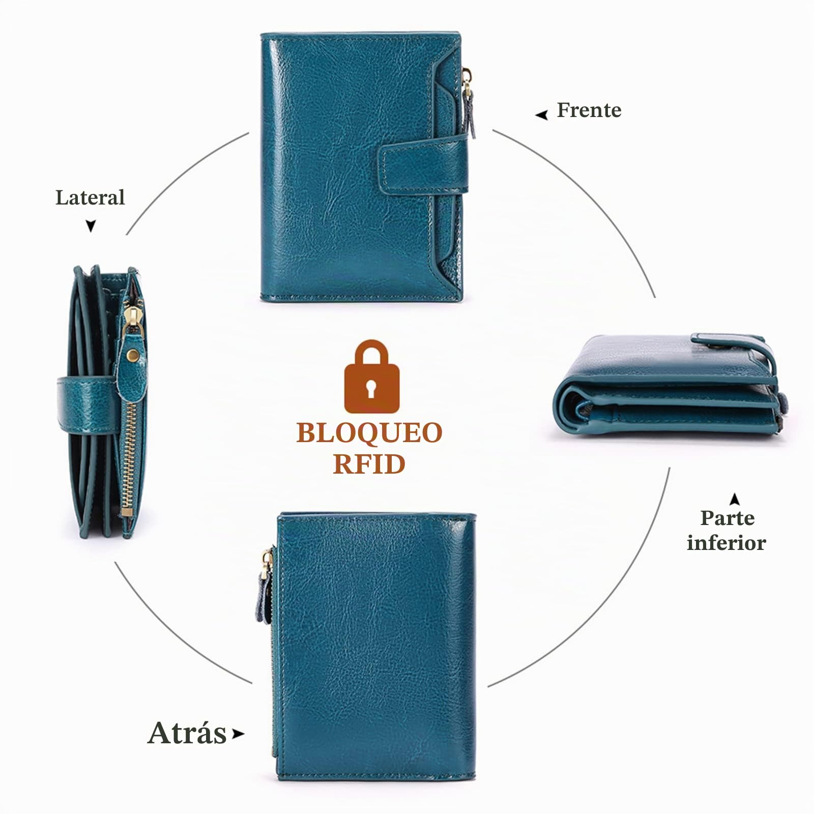SENDEFN - Cartera de piel con bloqueo RFID para mujer, tamaño pequeño, compacto, se pliega en dos, con cremallera y ventana para identificación, Talla única