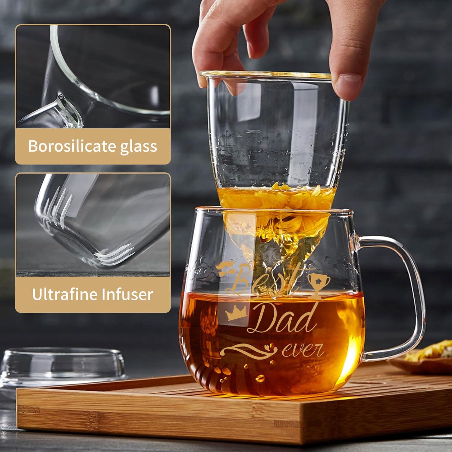 Glass Tea Cup 17.6oz, “Best Dad Ever” Fathers Day Cup with Gift Box, Gifts Mug for Dad, Glass Mug Teacup, Tea Cups for Dad Birthday, Perfect for Grandpa & Son.