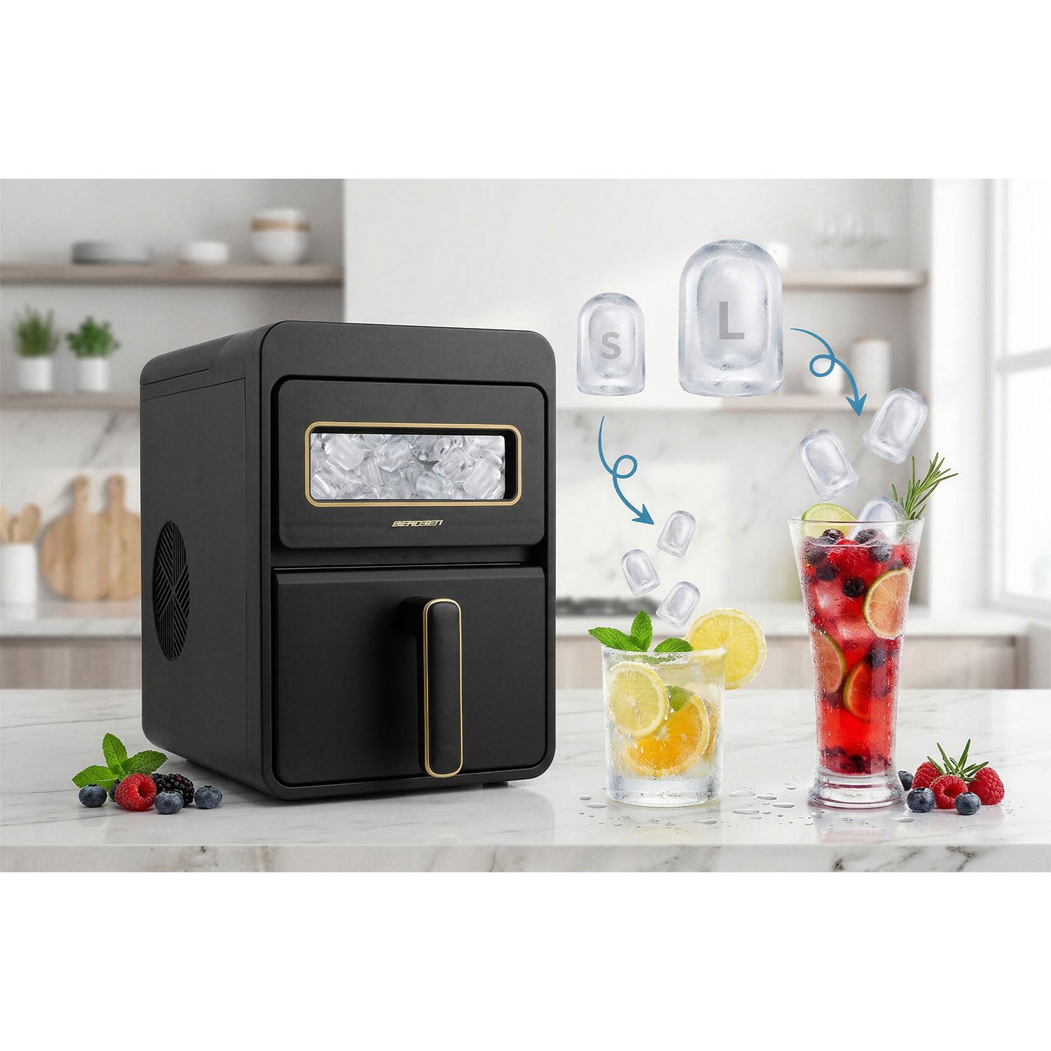 Berdsen Máquina de cubitos de hielo 12 kg/24 h – 9 cubitos de hielo en 6 – 8 minutos – Máquina para cubitos de hielo con 2 tamaños S y L – Compacta para cócteles, bebidas y bebidas – autolimpiante
