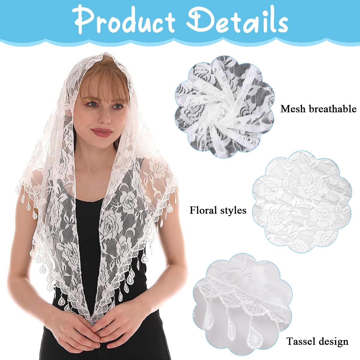 PALAY White Scarf for Women, Church Veil Lace Mantilla Head Covering 1