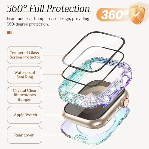 Miniatura 5 de Goton Funda Bling impermeable de 45mm para Apple Watch, protector de pantalla para Series 987 de 45 mm, parachoques delantero brillante de PC y