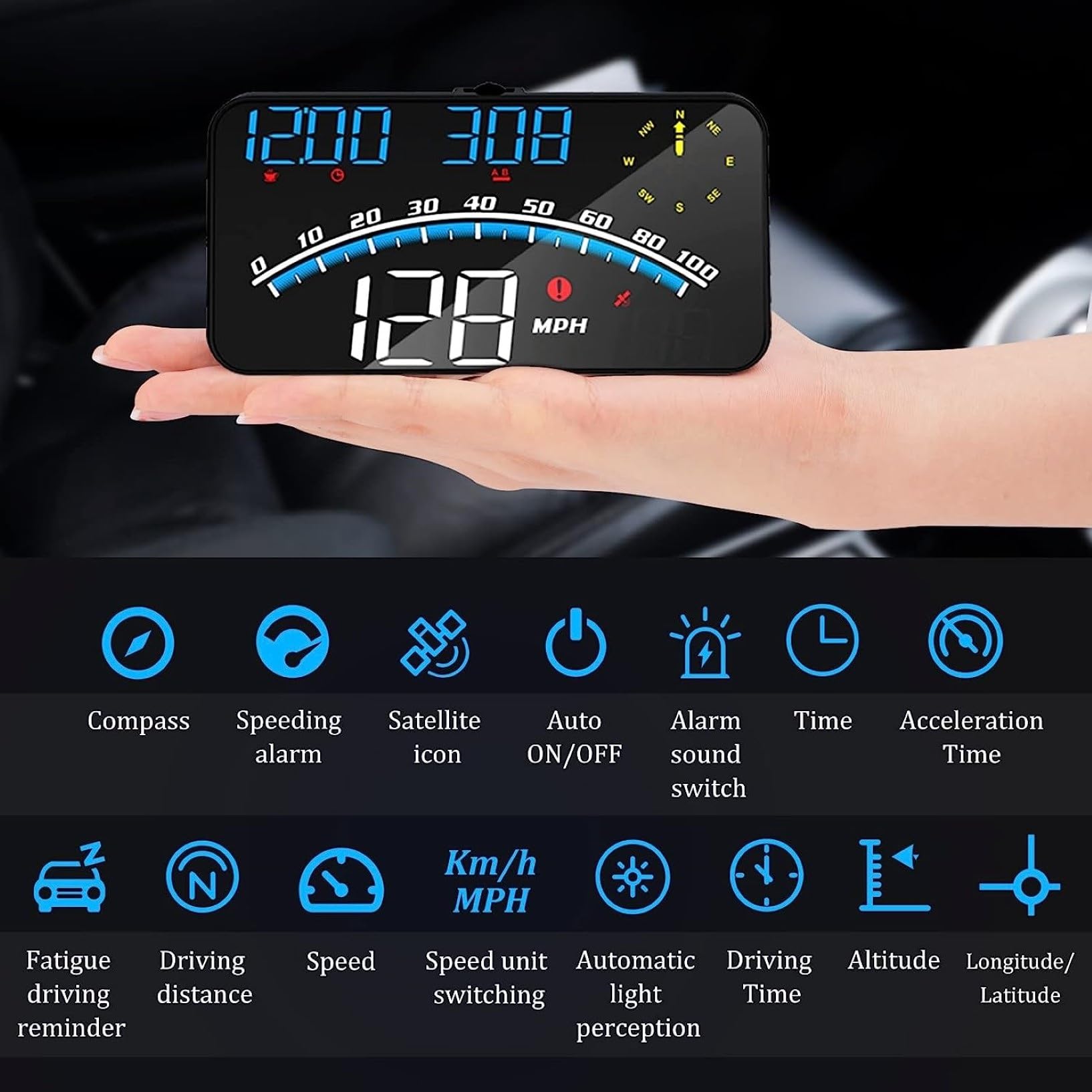 TQQEPOOL 5 Inches Head Up Display Windshield Projector,Multi-Function for Battery Power Percent Display Brake Warning Indicator
