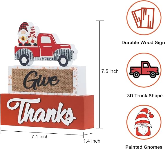 NEEDOMO Fall Decorations for Home, 3-Layered Wooden Truck Sign with Give Thanks Gnome Fall Decor, Thanksgiving Decorations for Living Room, Table, Tiered Tray, Mantel