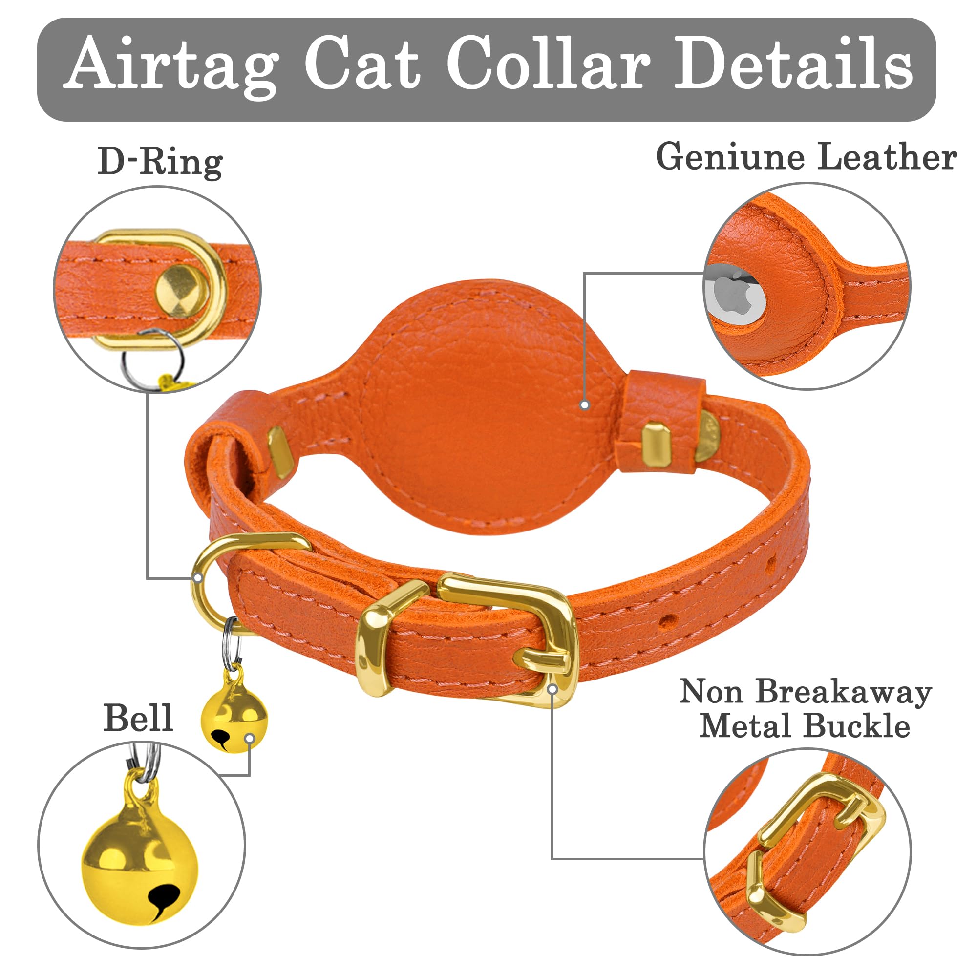 OOPSDOGGY Cat Collar with Bell for AirTag, Non Breakaway Leather Kitten Collar with Apple Air Tag Holder - Image 3