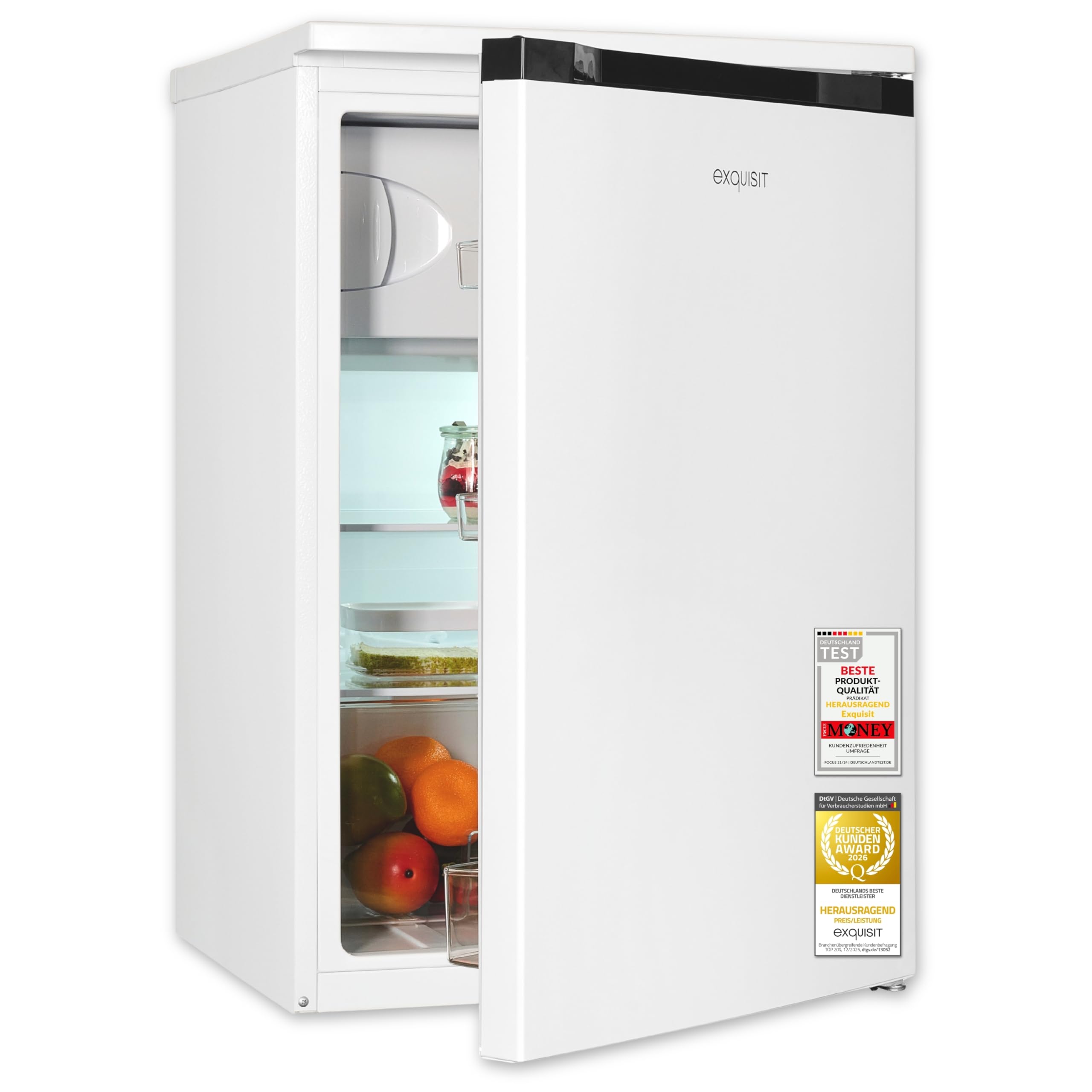 Exquisit Kühlschrank mit Gefrierfach | 107 l Nutzinhalt, Energieeffizienzklasse C, 37 dB(A) | schmale Bauform, 4-Sterne-Gefrierfach, LED-Beleuchtung, manuelle Temperaturregelung | KS516-4-051C weiss
