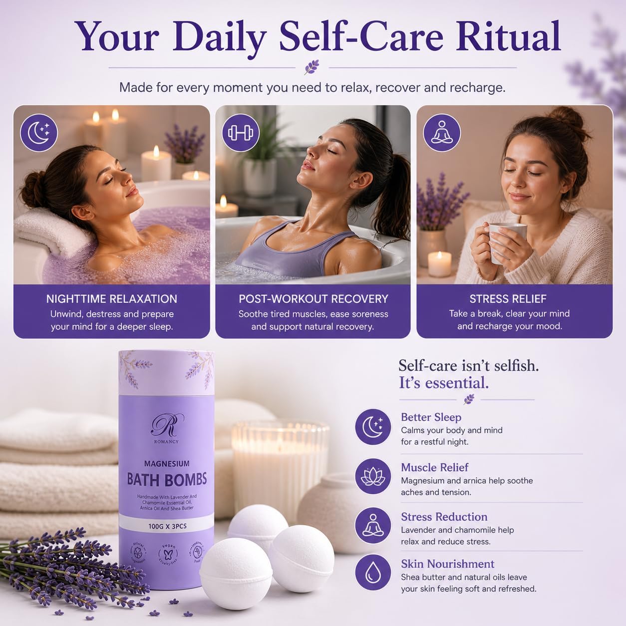 Magnesium Lavender Bath Bombs Gift Set – XL Epsom Salt Bath Bombs for Muscle Recovery, Stress Relief & Post-Workout Relaxation with Melatonin & Arnica Spa Gift for Women & Men Melatonin (Lavender)
