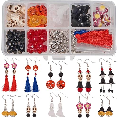 Miniatura 27 de SUNNYCLUE 1 caja de 10 pares de aretes de Halloween, kit de iniciación de esqueleto, hueso, araña, calabaza, cuentas de vidrio para kits