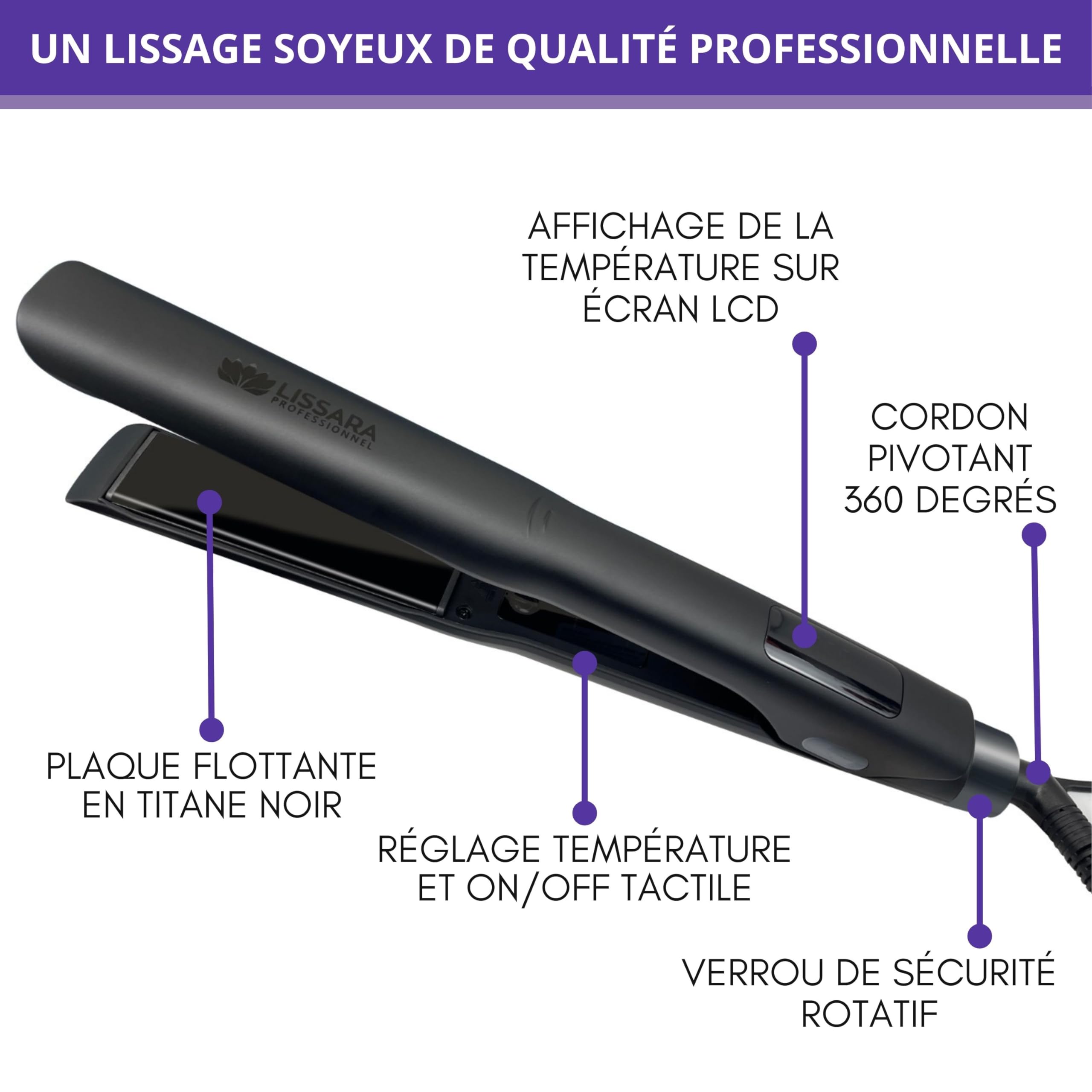 LISSARA - Fer à Lisser Professionnel - Plaques en Black Titanium et flottantes - 250°C - Special Lissage Brésilien (Classic Evolv Noir)