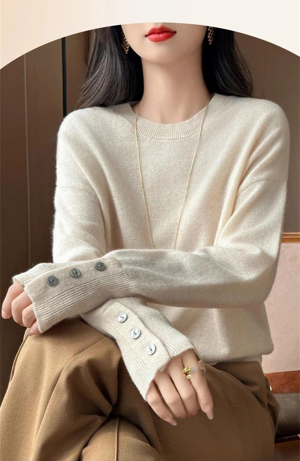 Sweter Damski Wełniany Z Okrągłym Dekoltem, Ciepły, Długi Rękaw, Duży Rozmiar, Swobodny, Jesienno-Zimowy-49-Medium