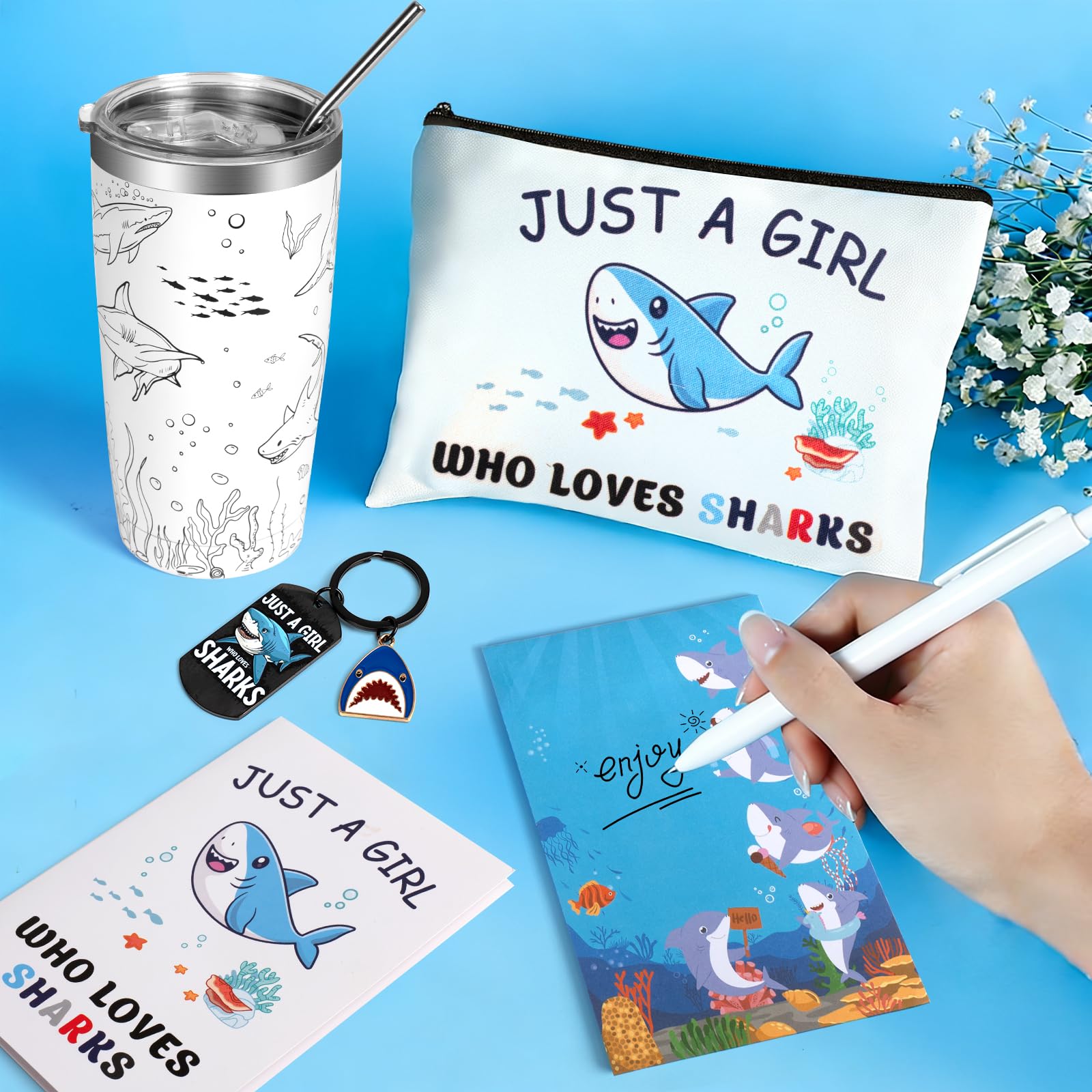 Shark Gifts for Women, 9 Pcs Shark Lovers Gift for Girls Including Tumbler Tote bag Makeup Bag Shark Coin Purse Socks Notepad Keychain Gift Card for Christmas Birthday Mothers Day